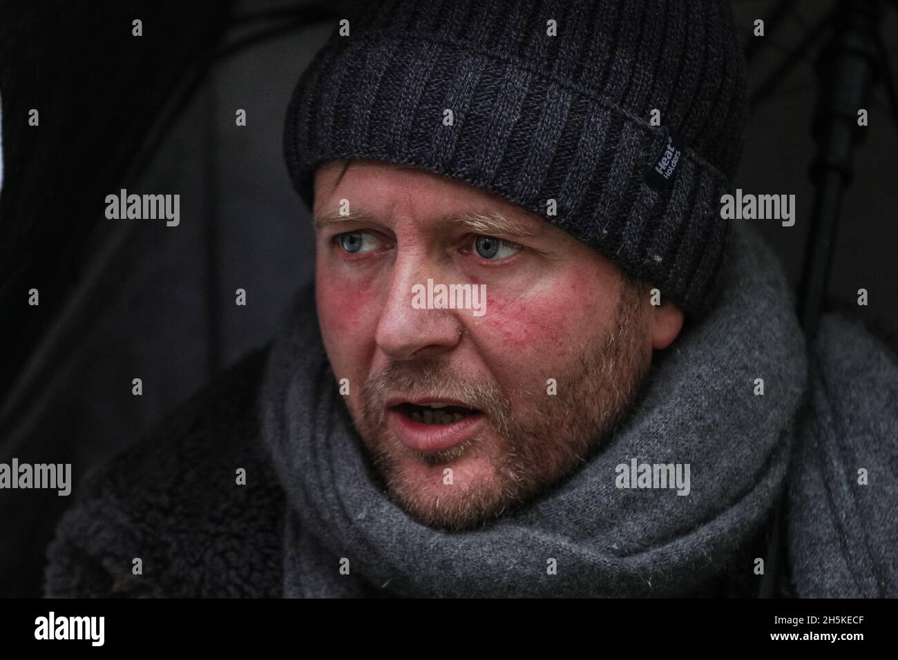 Westminster, London, UK. 10th Nov, 2021. Day 18 of the hunger strike. Richard Ratcliffe outside the Foreign Office in London today. Ratcliffe in on hunger strike to continue to highlight the situation of his wife Nazanin Zaghari-Ratcliffe, who is still detained in Iran. Credit: Imageplotter/Alamy Live News Stock Photo