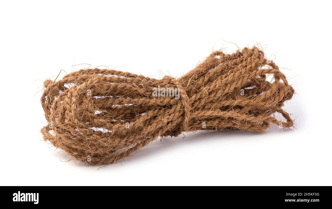coconut coir fiber rope, handmade eco friendly waterproof strings, isolated on white background Stock Photo