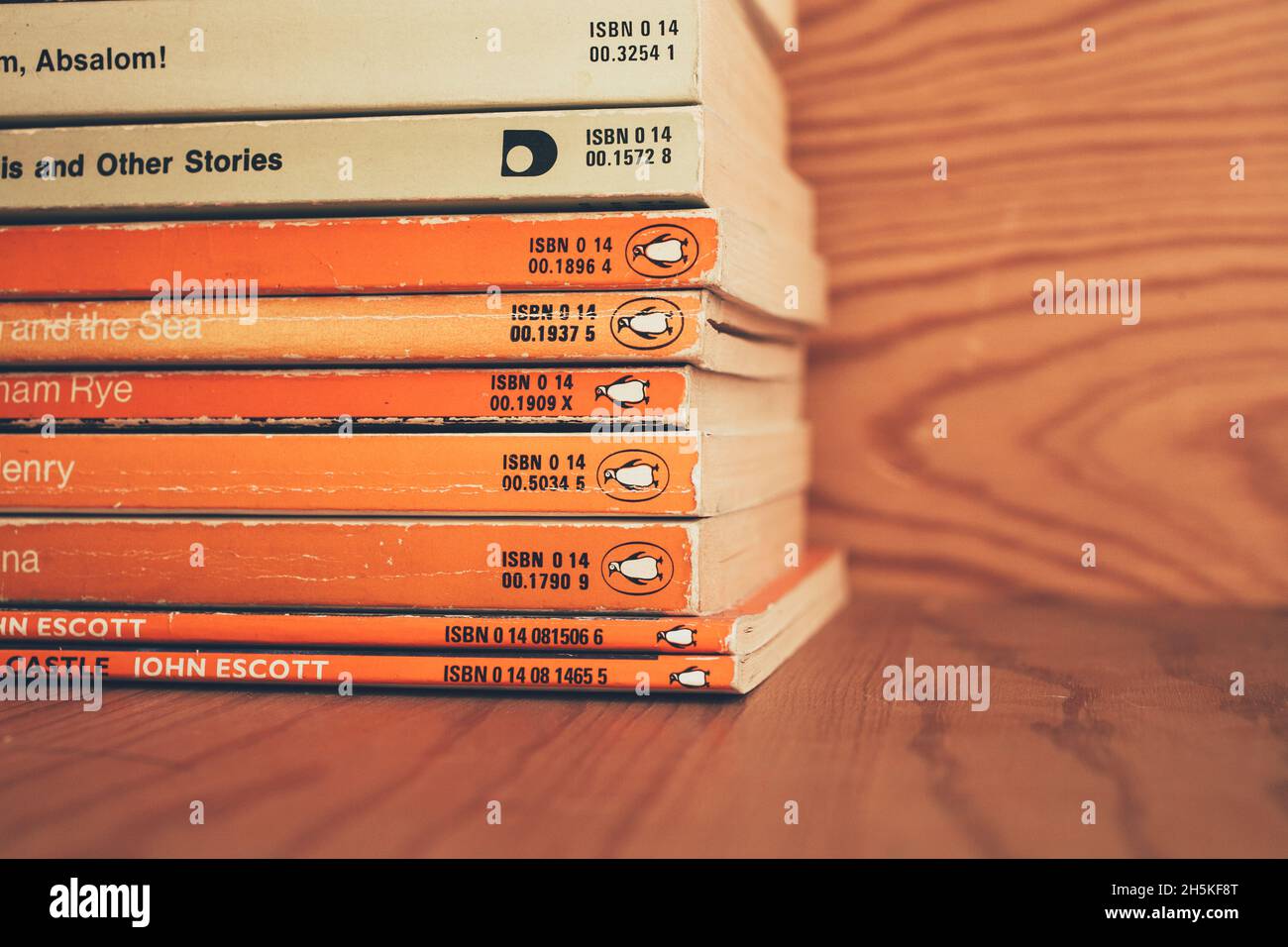 MADRID, SPAIN Nov 09, 2021 Collection of old Penguin books on wooden