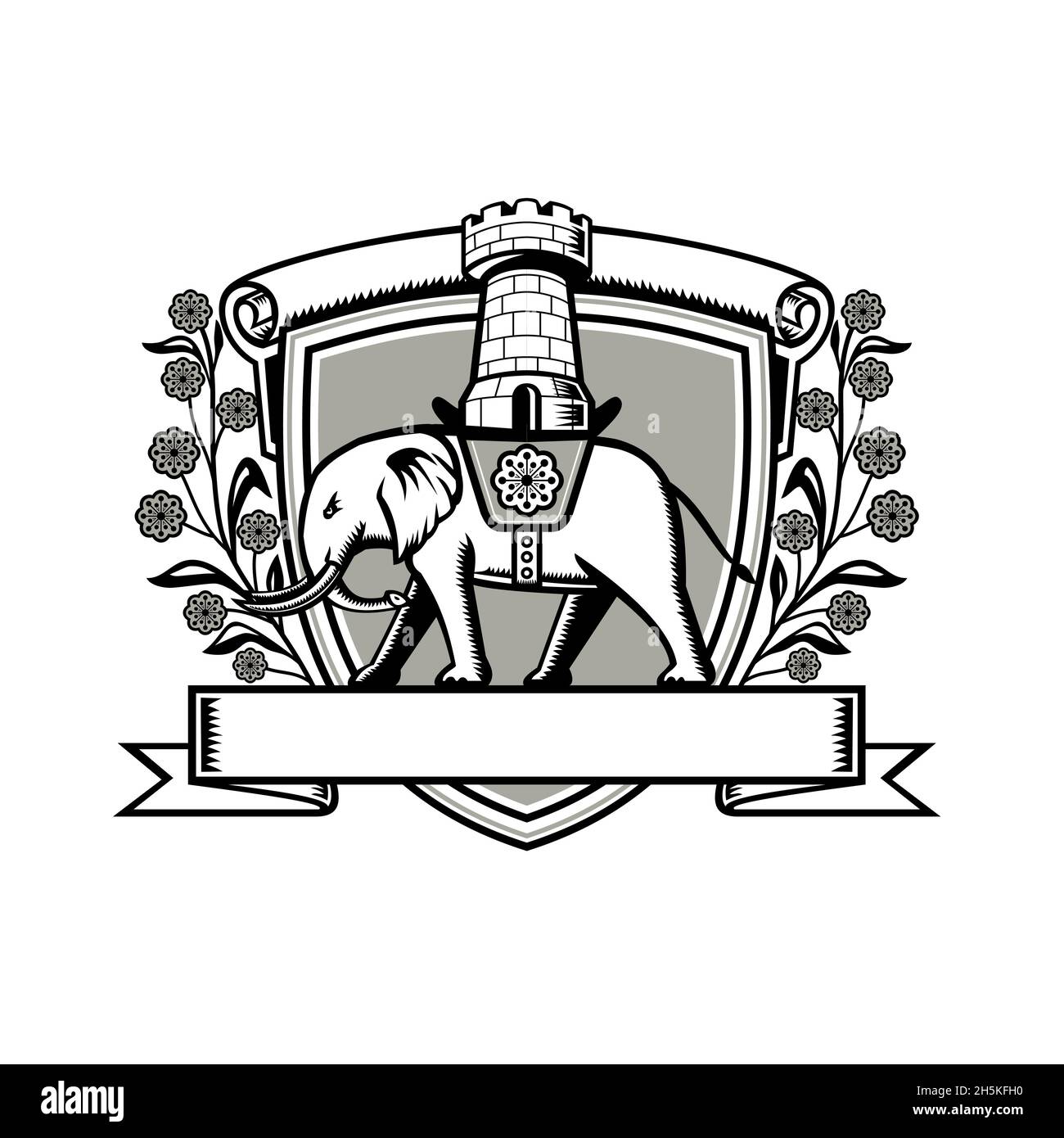 Coat of Arms with Elephant Wearing Saddle with Castle Tower and Wattle Flower Retro Woodcut Style Stock Photo