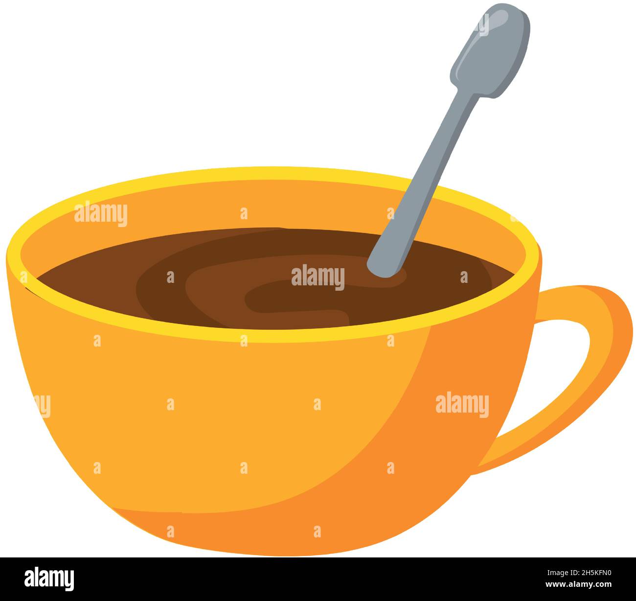 Cartoon cup coffee. Yellow tea mug with teaspoon, vector isolated on