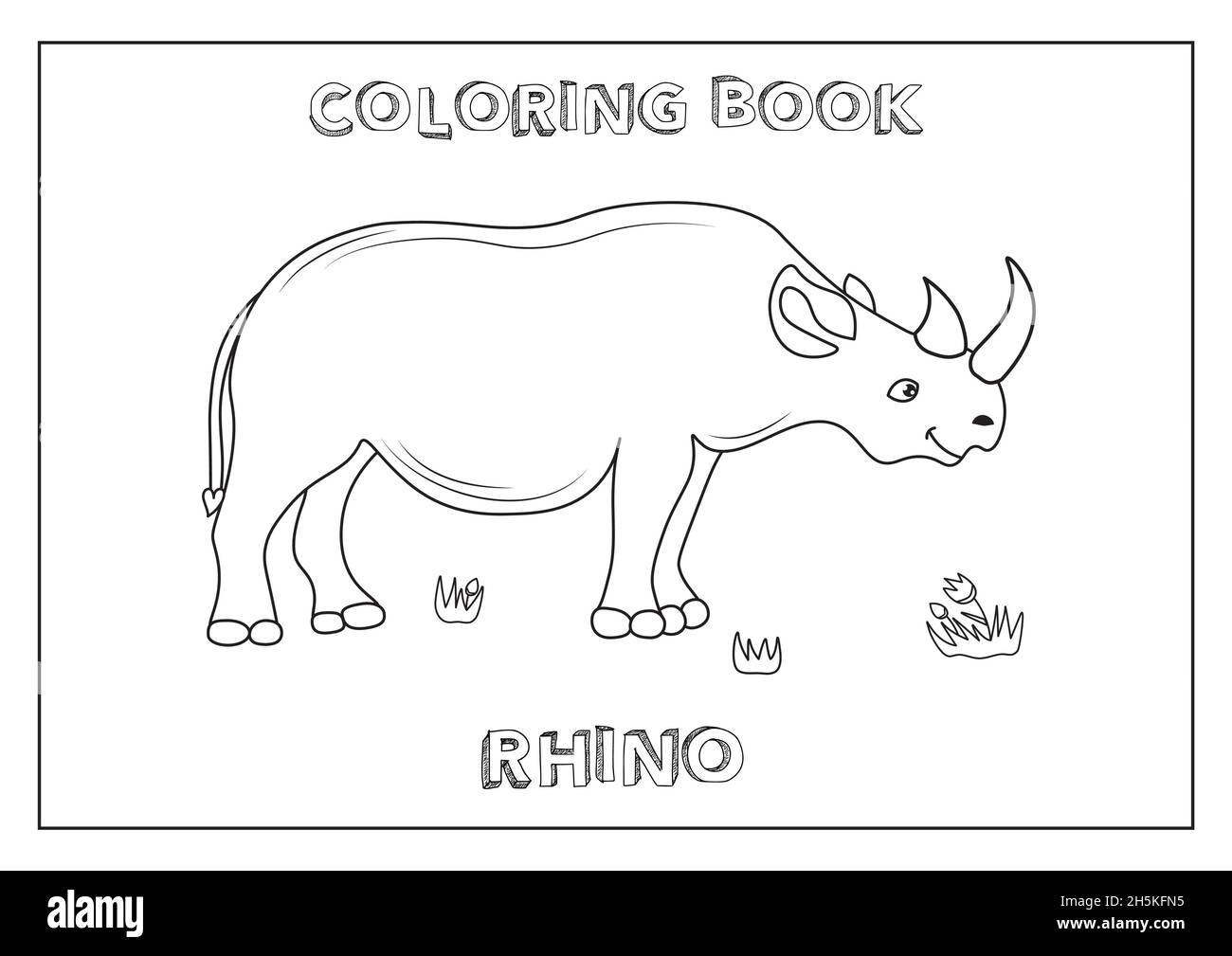 Kids Coloring book Rhino. REady to print, paper format A4. Black and white, made in vector. Stock Vector