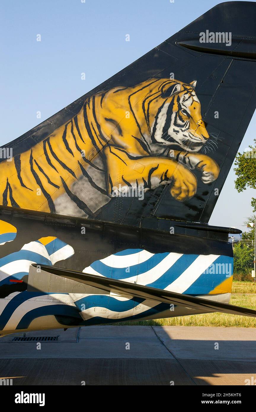 Greek, Hellenic Air Force Ling Temco Vought A-7E Corsair II fighter jet plane at RIAT airshow with special tiger painted tail HAF. Air Force of Greece Stock Photo