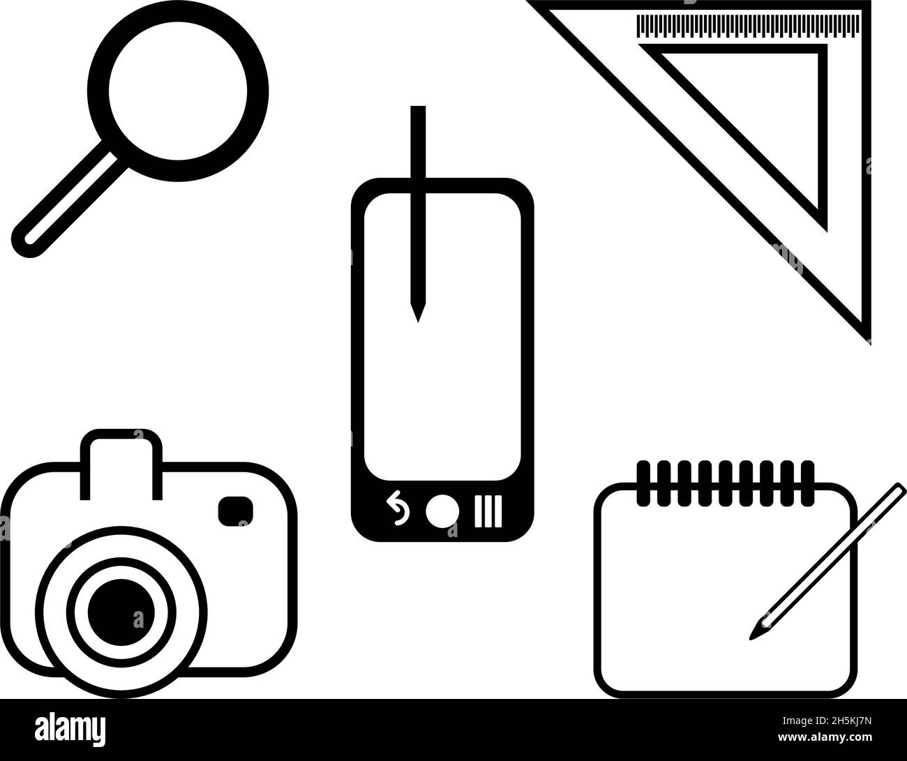 Simple Set Of Photographer Related Vector Outline Icons. Contains Icons like camera, ruler, magnifier, notebook and pen tablet Stock Vector