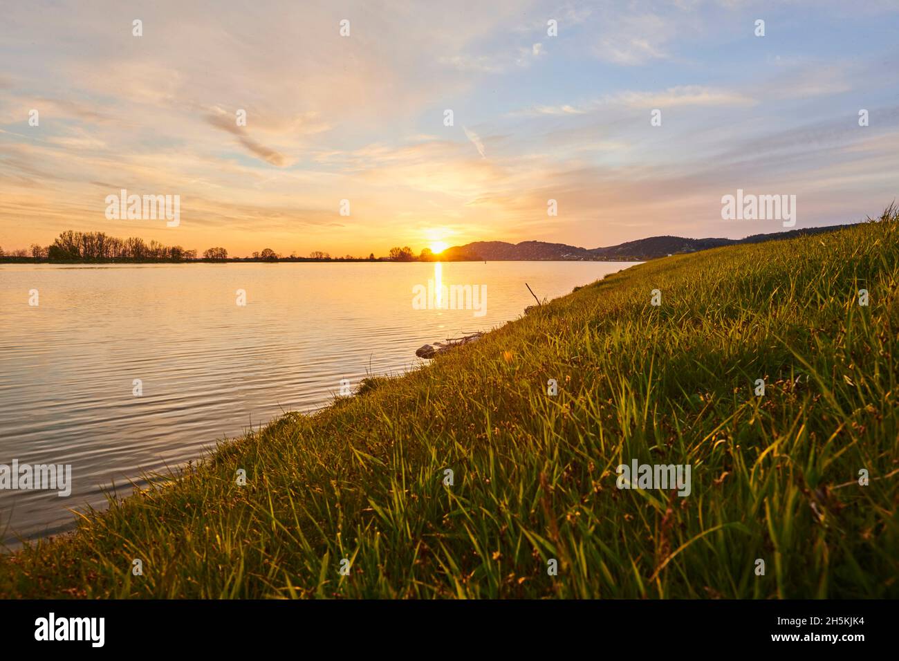 Sunset over Danubia River, Upper Palatinate, Bavarian Forest; Bavaria, Germany Stock Photo