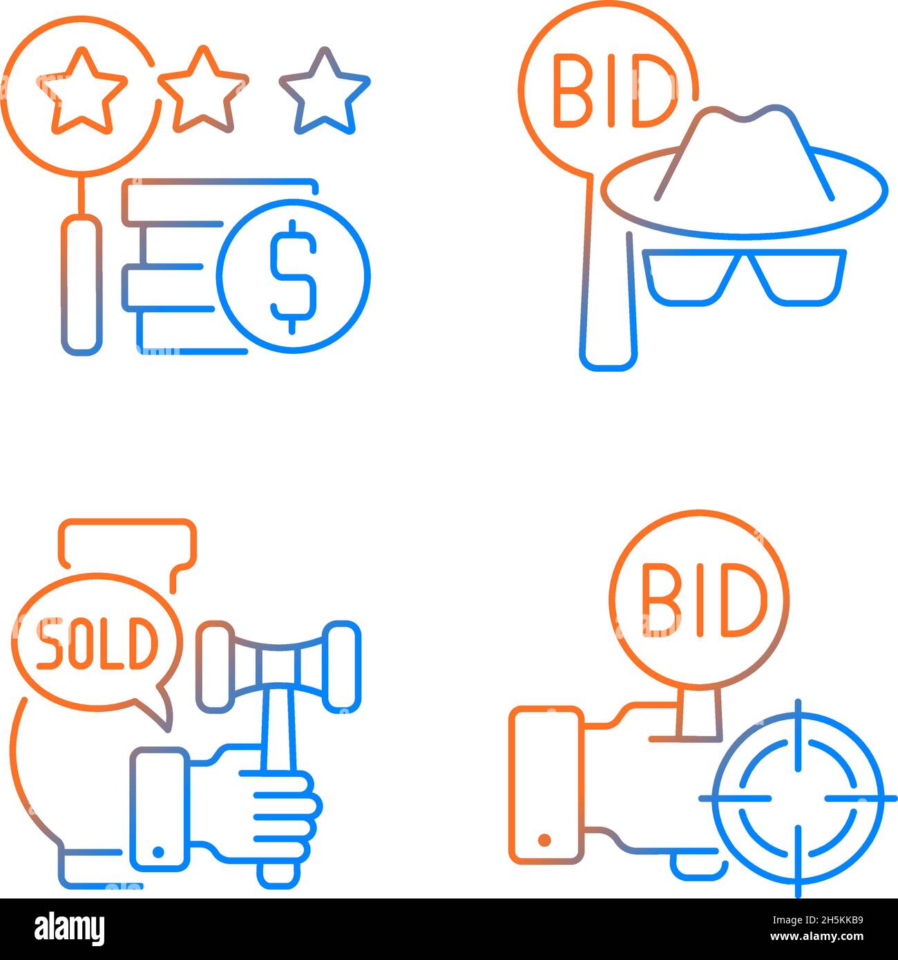 Auction components gradient linear vector icons set Stock Vector