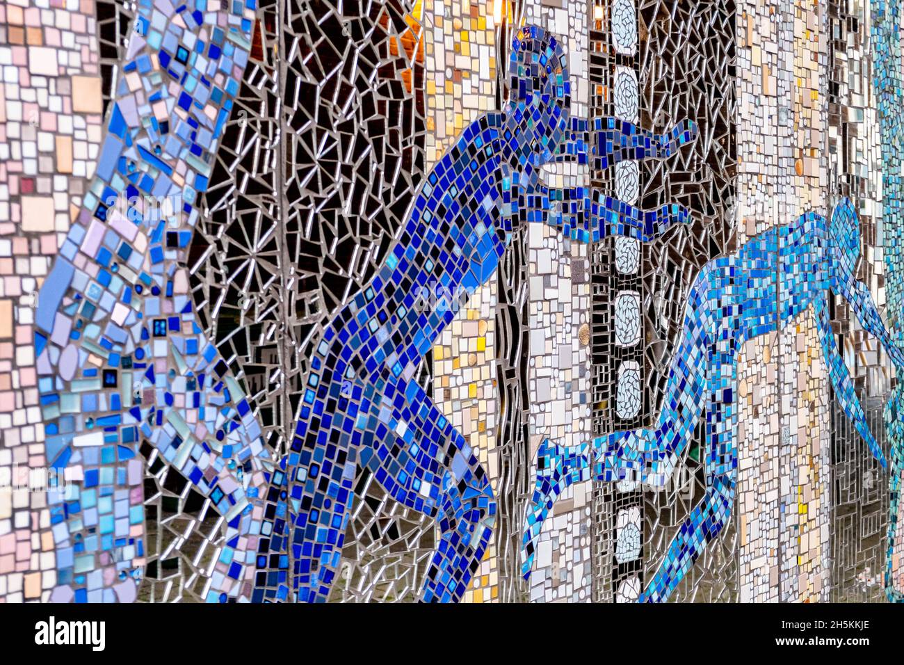 Kingston Upon Thames London England UK November 5 2021, Mosaic Wall Art Of Colourful Figures On A Building Exterior Stock Photo