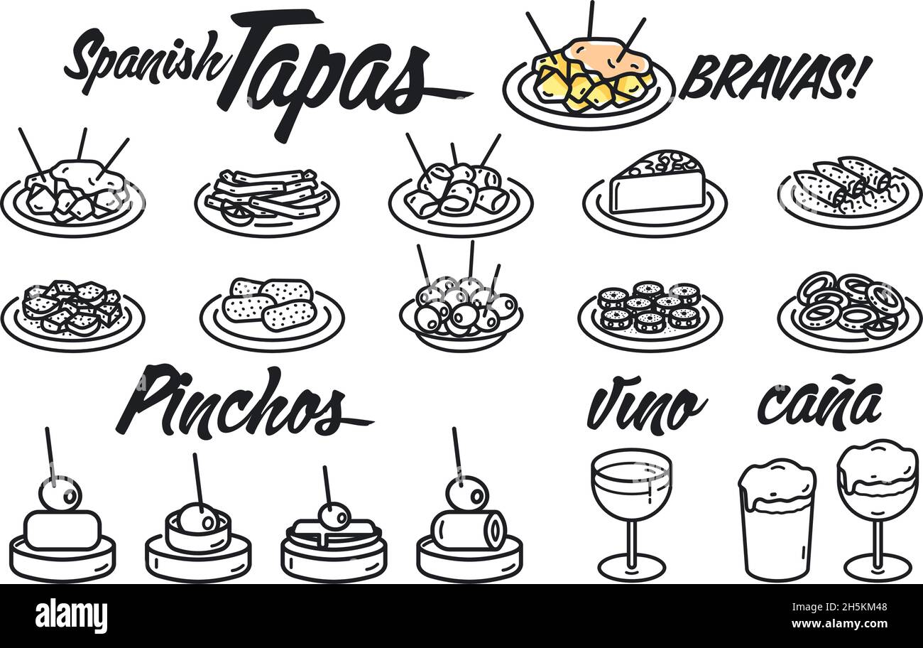 Illustration of typical Spanish food, Potatoes with spicy sauce (tapas patatas bravas) with a small cup of beer. Bar food and drink. Symbol, vector ic Stock Vector