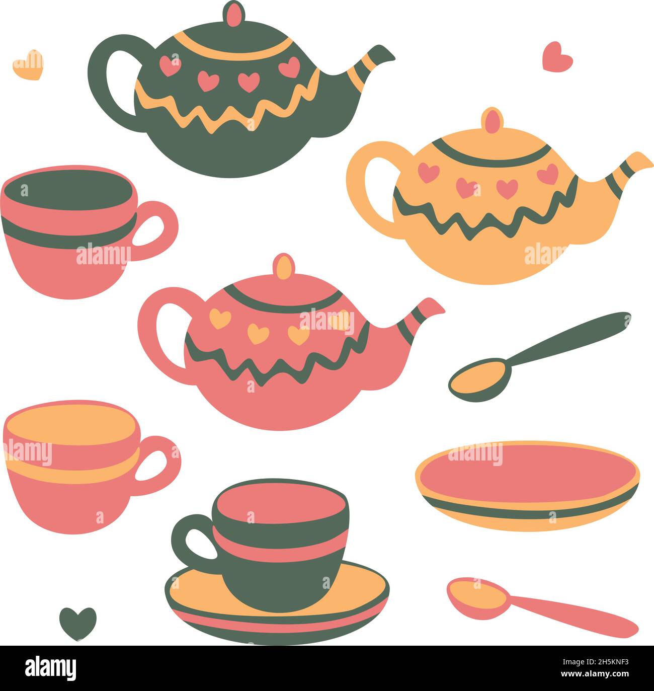 Vector illustration with collection of crockery for tea drinking. Isolated on white background. Stock Vector