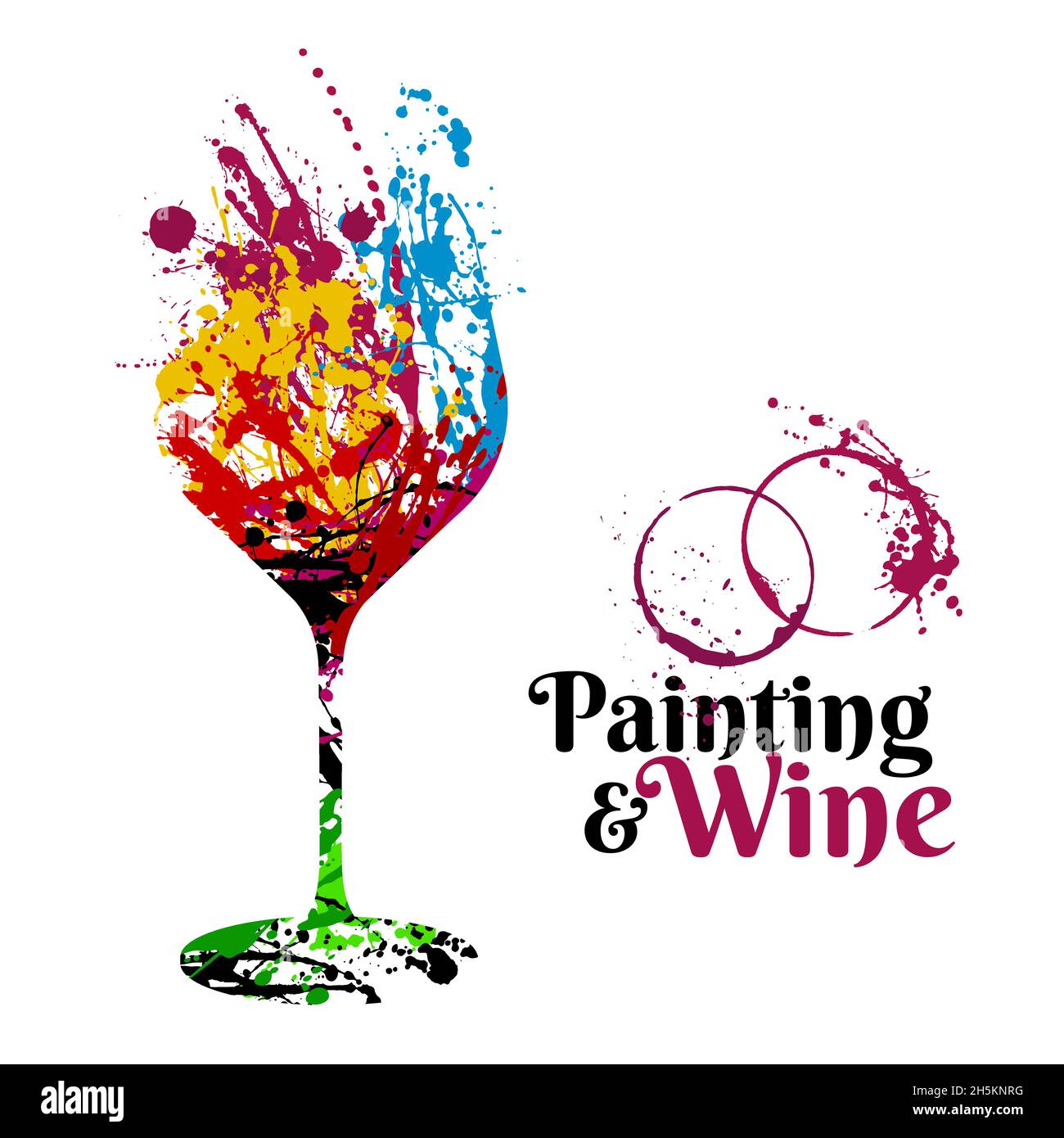 Illustration of wine glass with colorful paint stains. For event promotion with wine and art. Artistic illustration. Vector Stock Vector