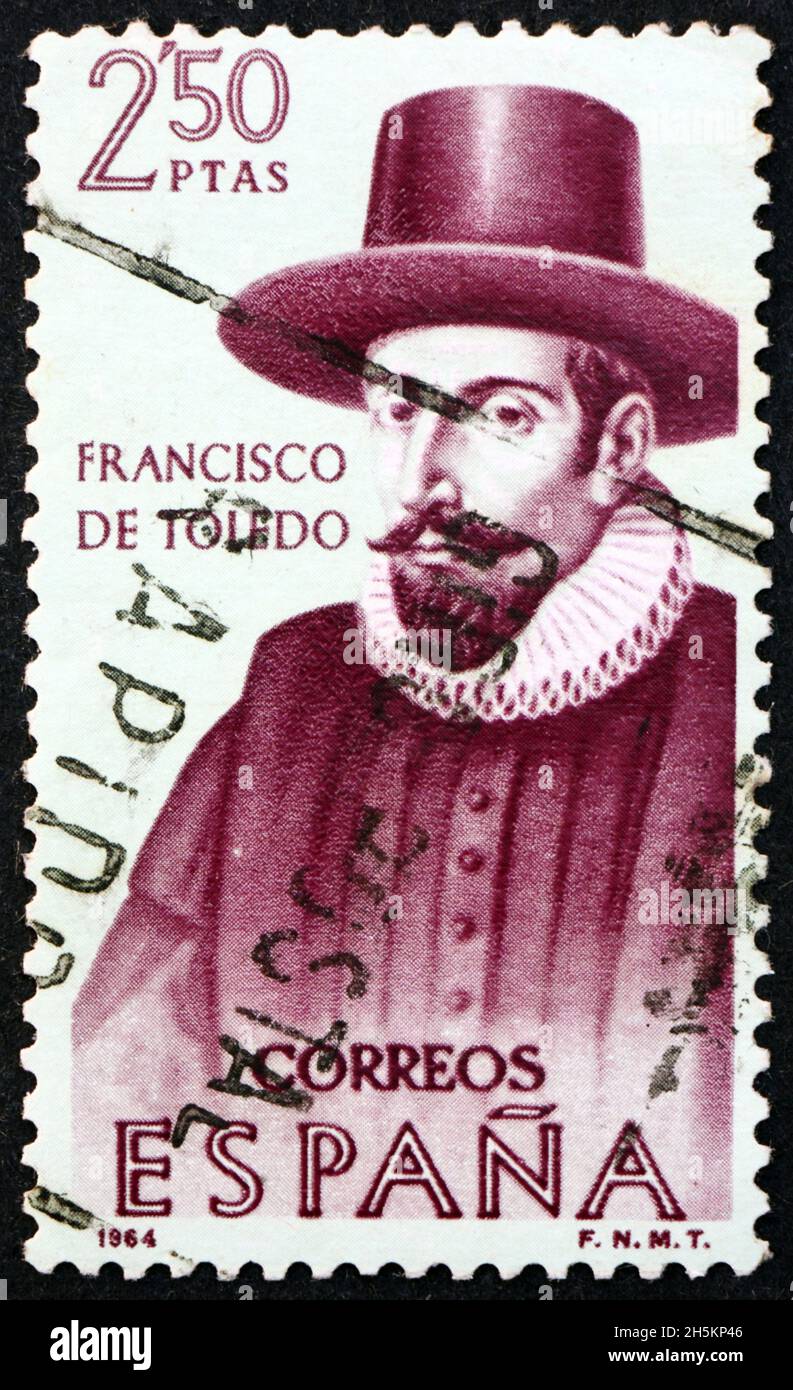 SPAIN - CIRCA 1964: a stamp printed in Spain shows Francisco de Toledo, was an aristocrat and soldier of the Kingdom of Spainand the fifth Viceroy of Stock Photo