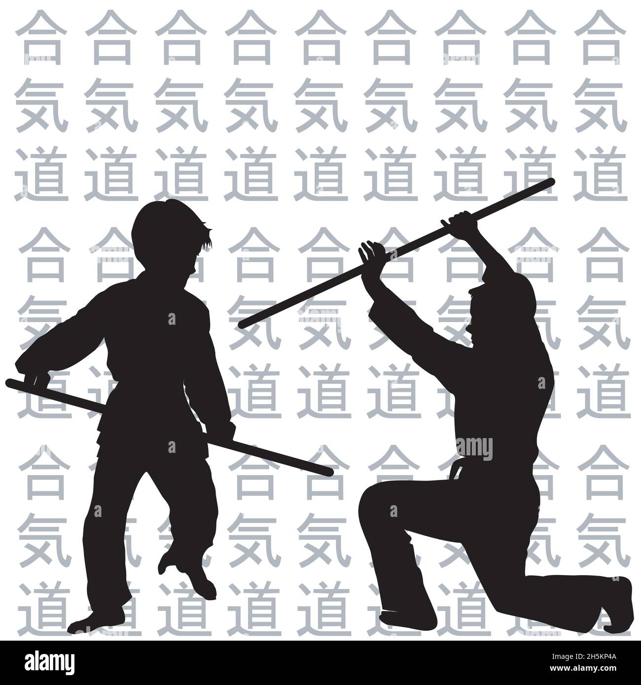 Children black silhouettes practicing Aikido Stock Vector