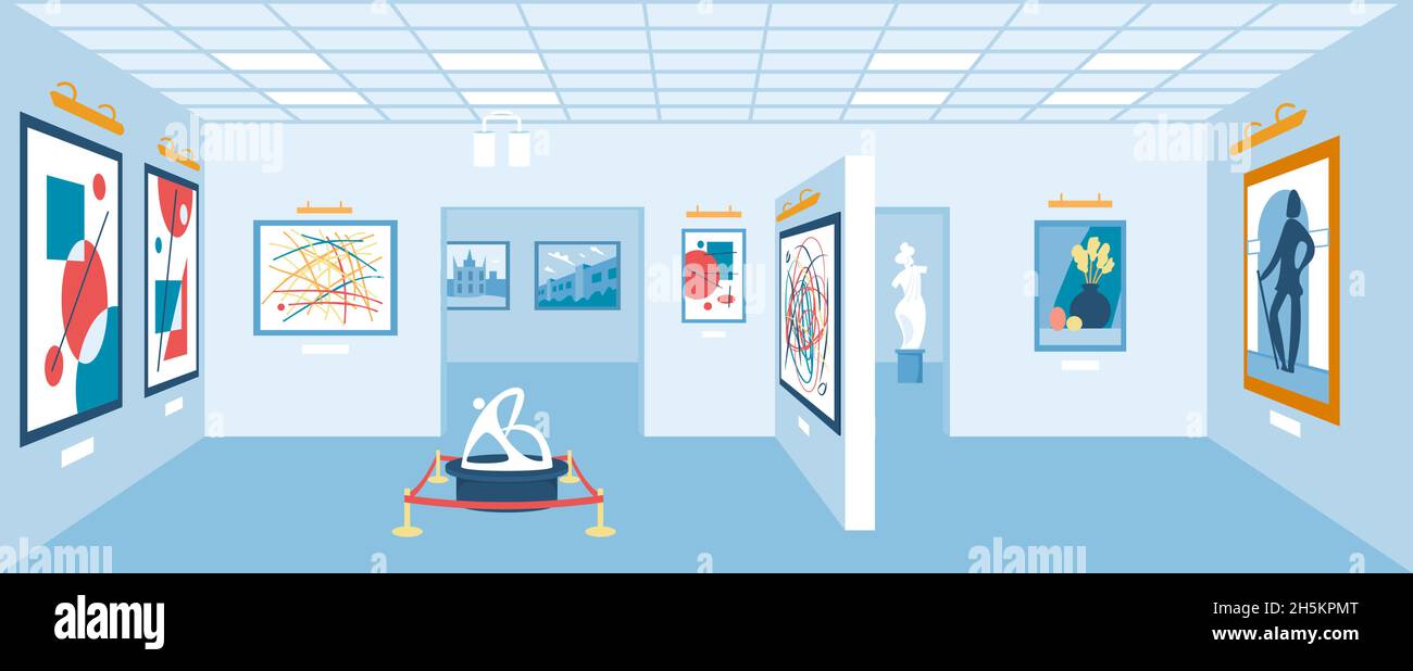 Empty art gallery interior, modern museum exhibition room. Abstract paintings, sculptures or exhibits in museums hall vector illustration. Studio with showpieces and artworks hanging on walls Stock Vector