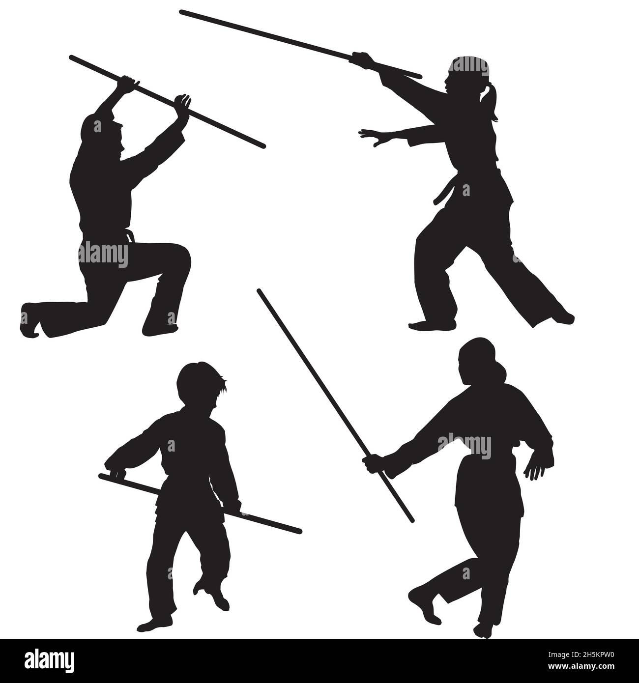 Aikido kids silhouettes with weapons Stock Vector