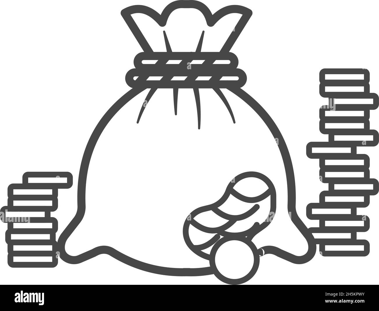 Torn money bag with coins and piles of coins. Savings, banking, money, finance, loan concept. Outline thin line illustration. Isolated Stock Vector