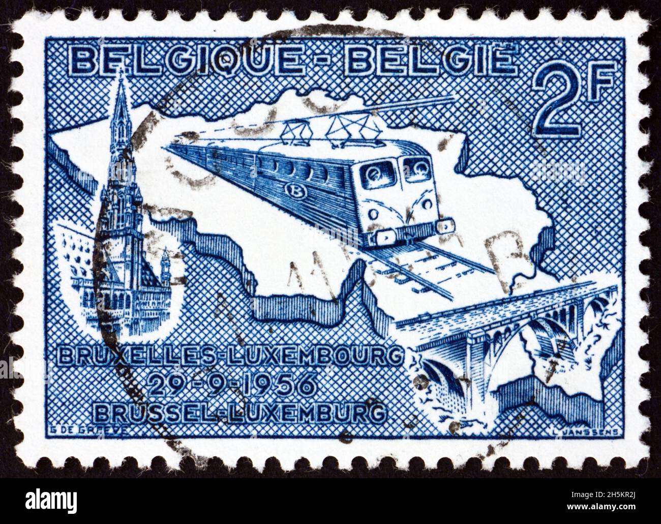 BELGIUM CIRCA 1956 a stamp printed in Belgium shows train on map of Belgium and Luxembourg