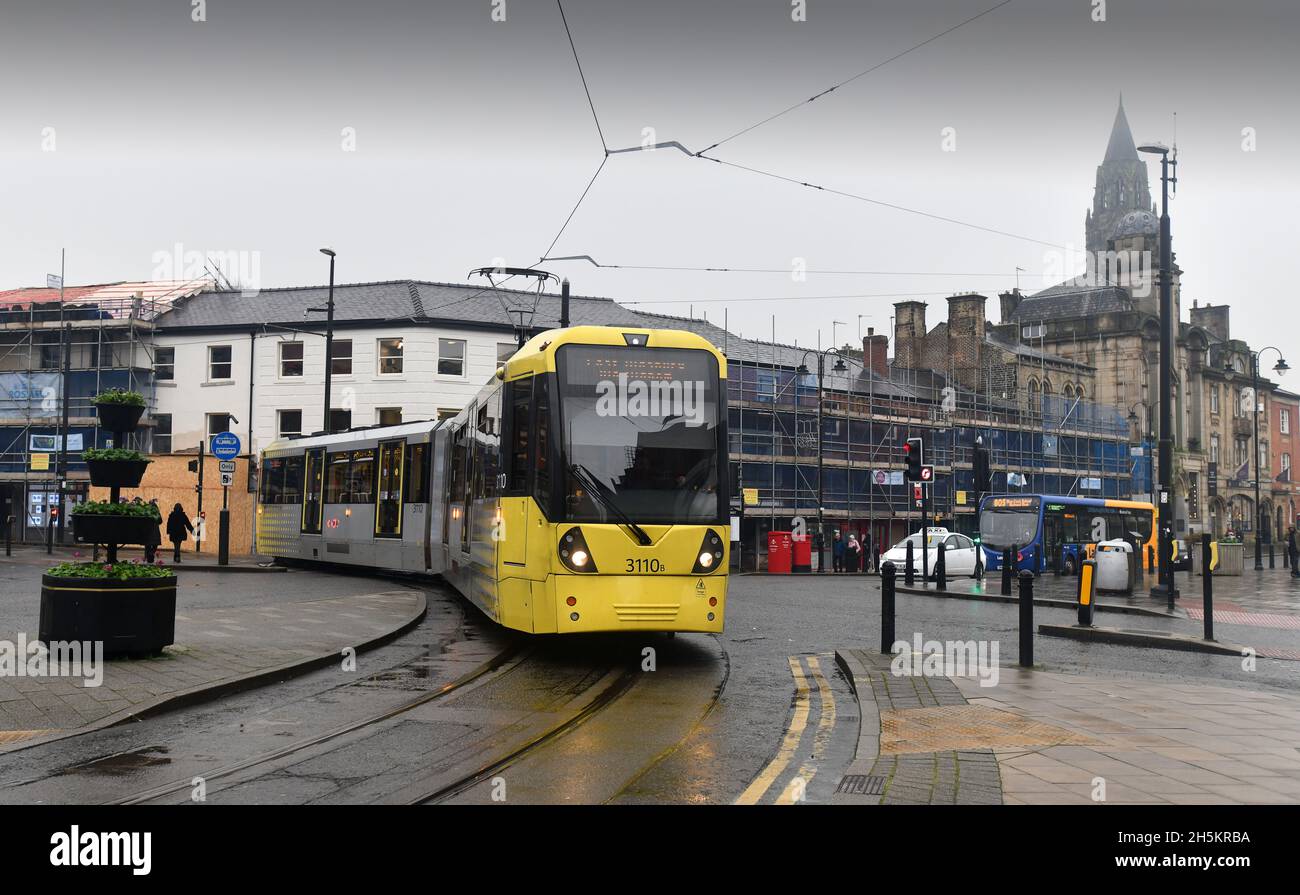 Metrolink tram arriving in Rochdale, Lancashire, Britain, Uk Stock Photo