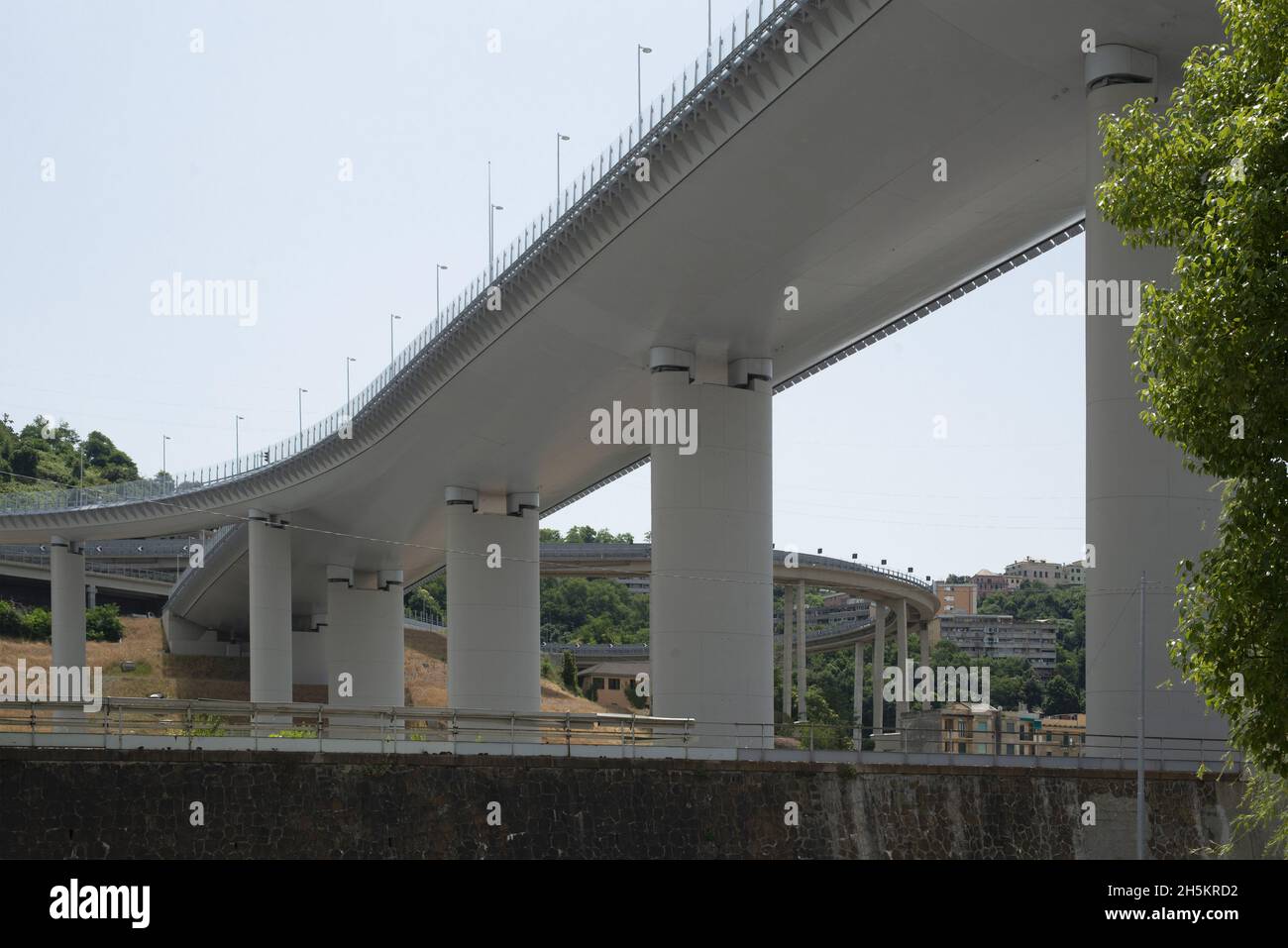 Newly built Genoa Saint George Bridge over valley in Genova (in 1 year) after collapse of former bridge Ponte Morandi (Polcevera Viaduct) killing 4... Stock Photo