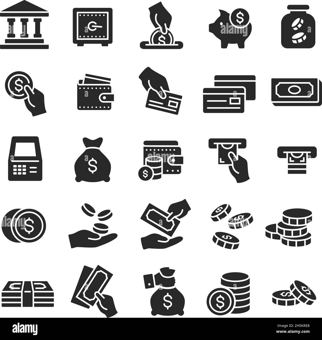 Money icons, financial business, finance, bank, savings, payment icon. Dollar bills, banknotes and coins, atm silhouette symbols vector set. Commerce, transfer or investment concept Stock Vector