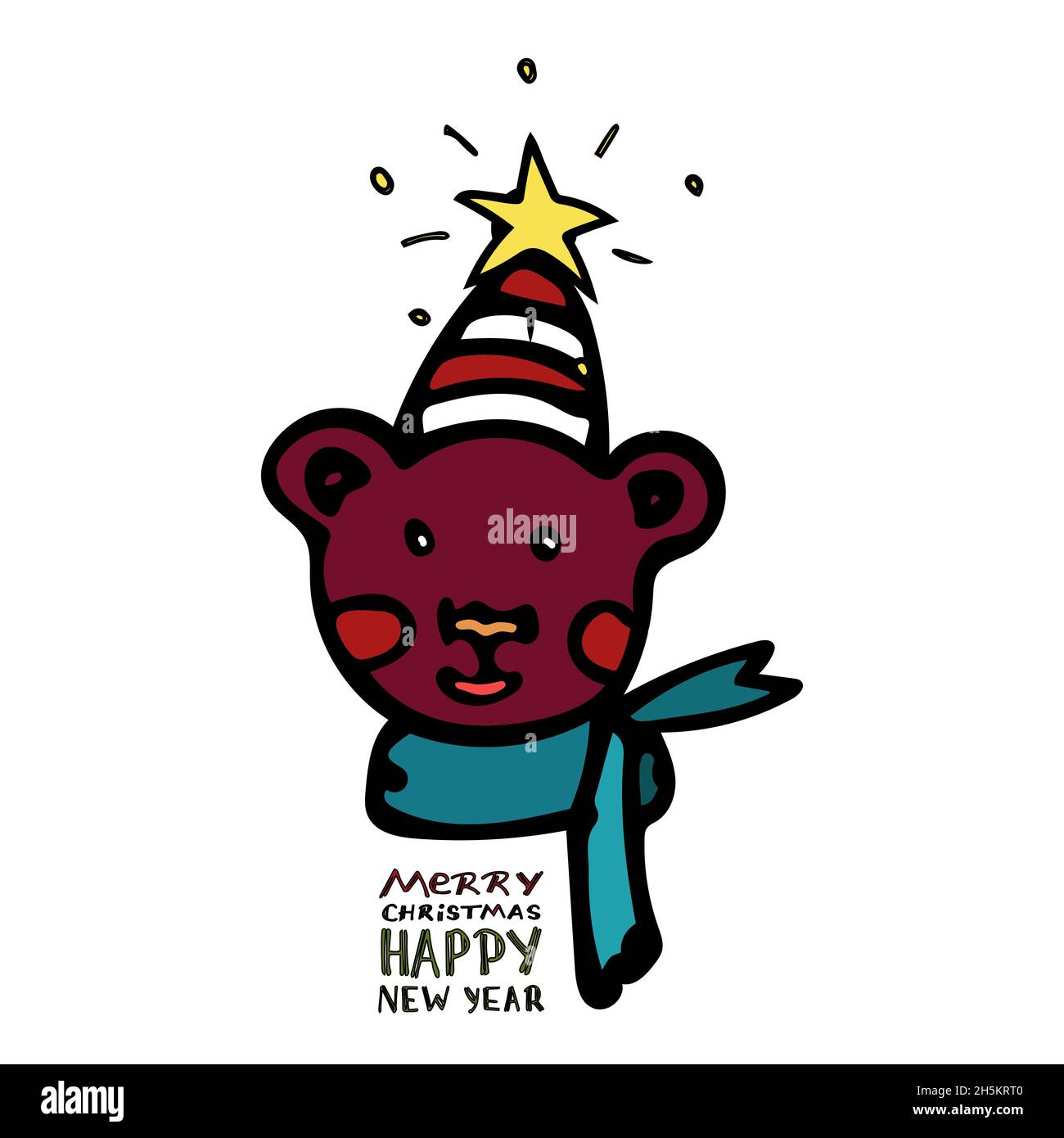 Cheerful brown bear with a blush smiles in a red and white hat and a green scarf in a cartoon style with lettering Merry Christmas and Happy New Year. Stock Vector
