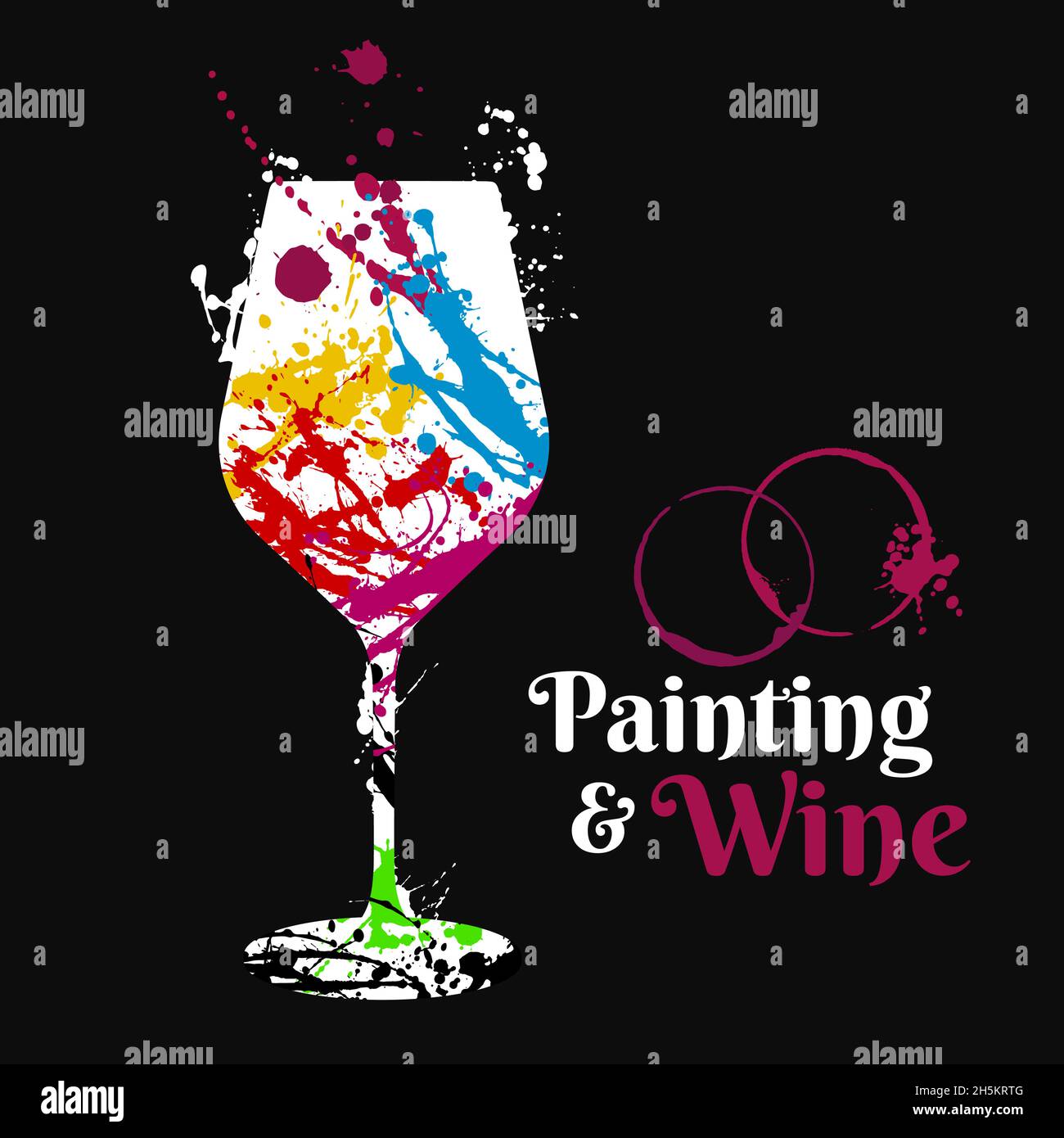 Illustration of wine glass with colorful paint stains. For event