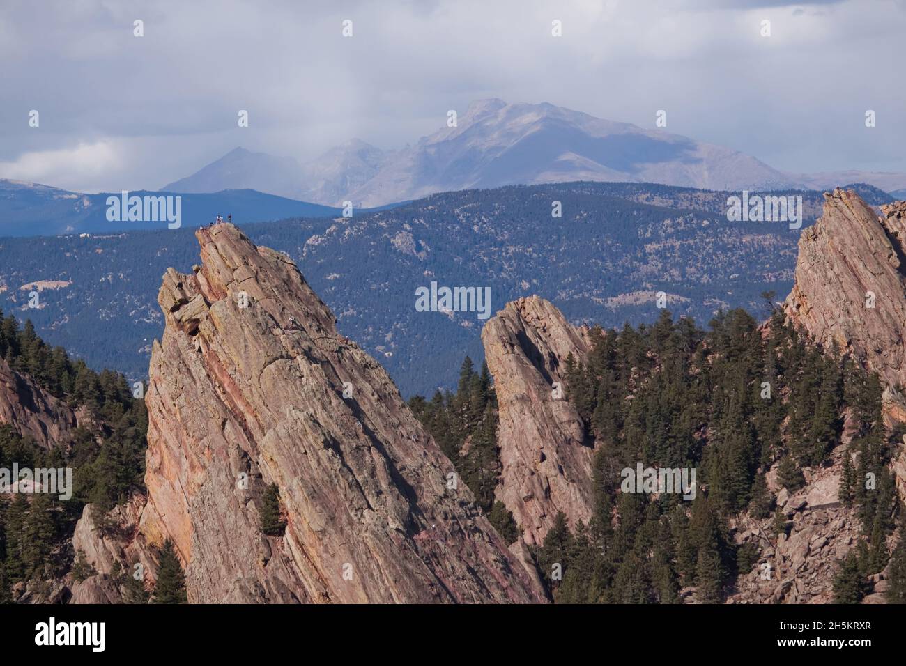 Climbers summit the famous flatirons with Longs peak in the Distance. Stock Photo