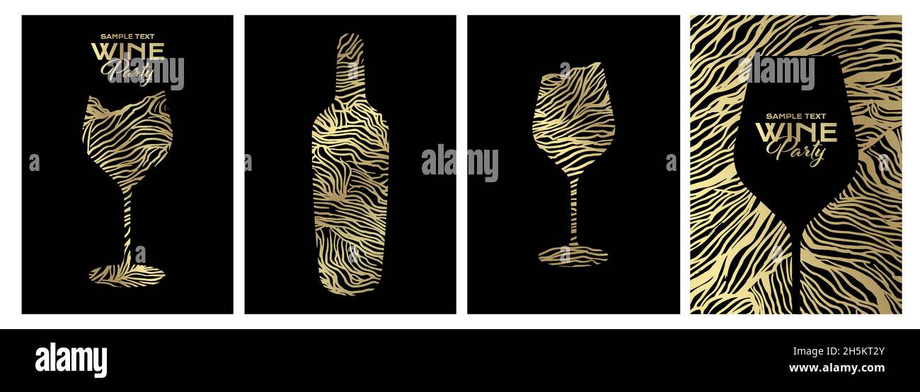 Set of design templates with wine glass and bottle illustration. Creative and artistic background texture with lines that simulate the skin of a grape Stock Vector