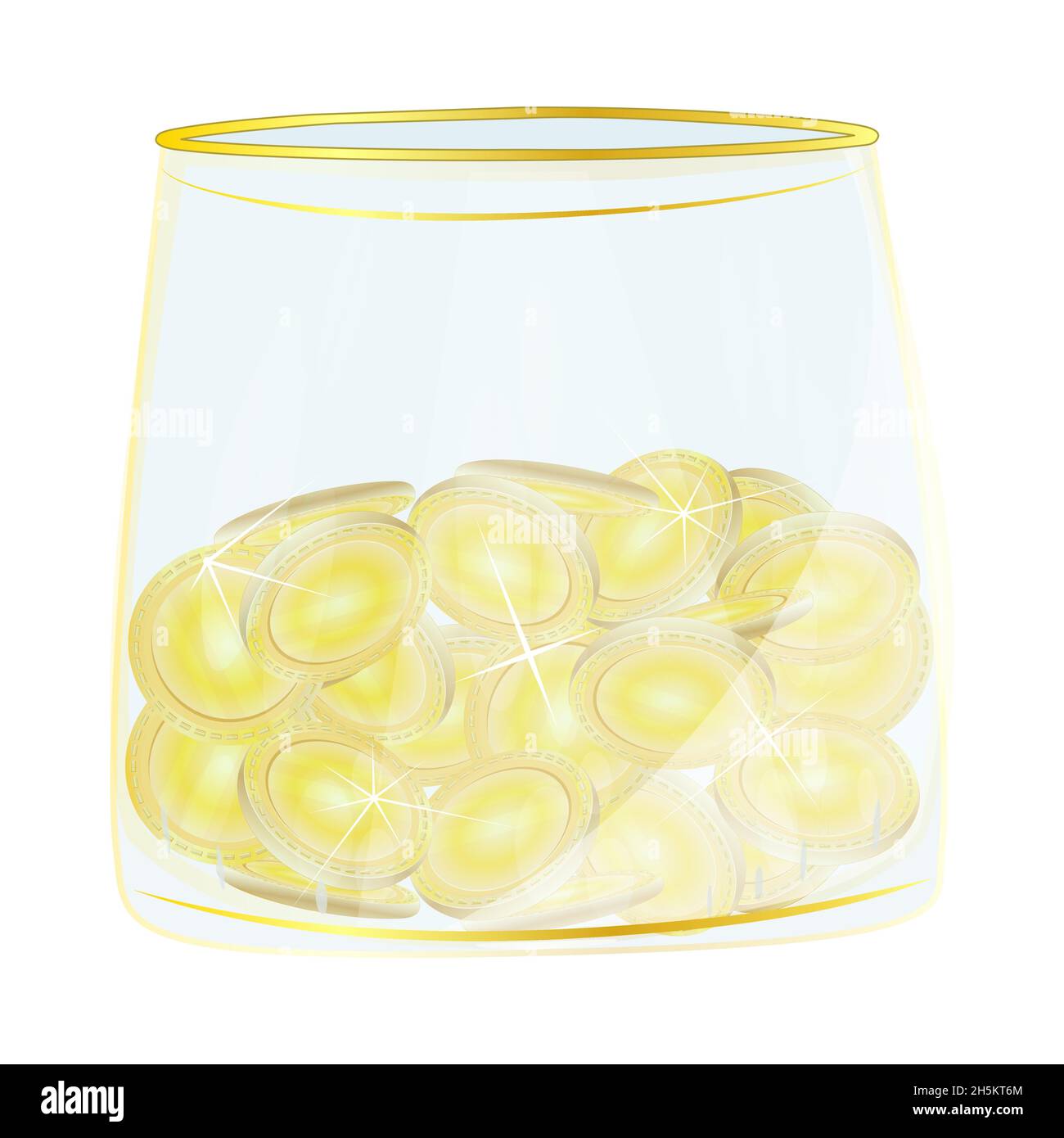 Glass cup with coins isolated on white background. Money in golden mug.Jar full cash. Saving account, investing, financial concept.Vector illustration Stock Vector