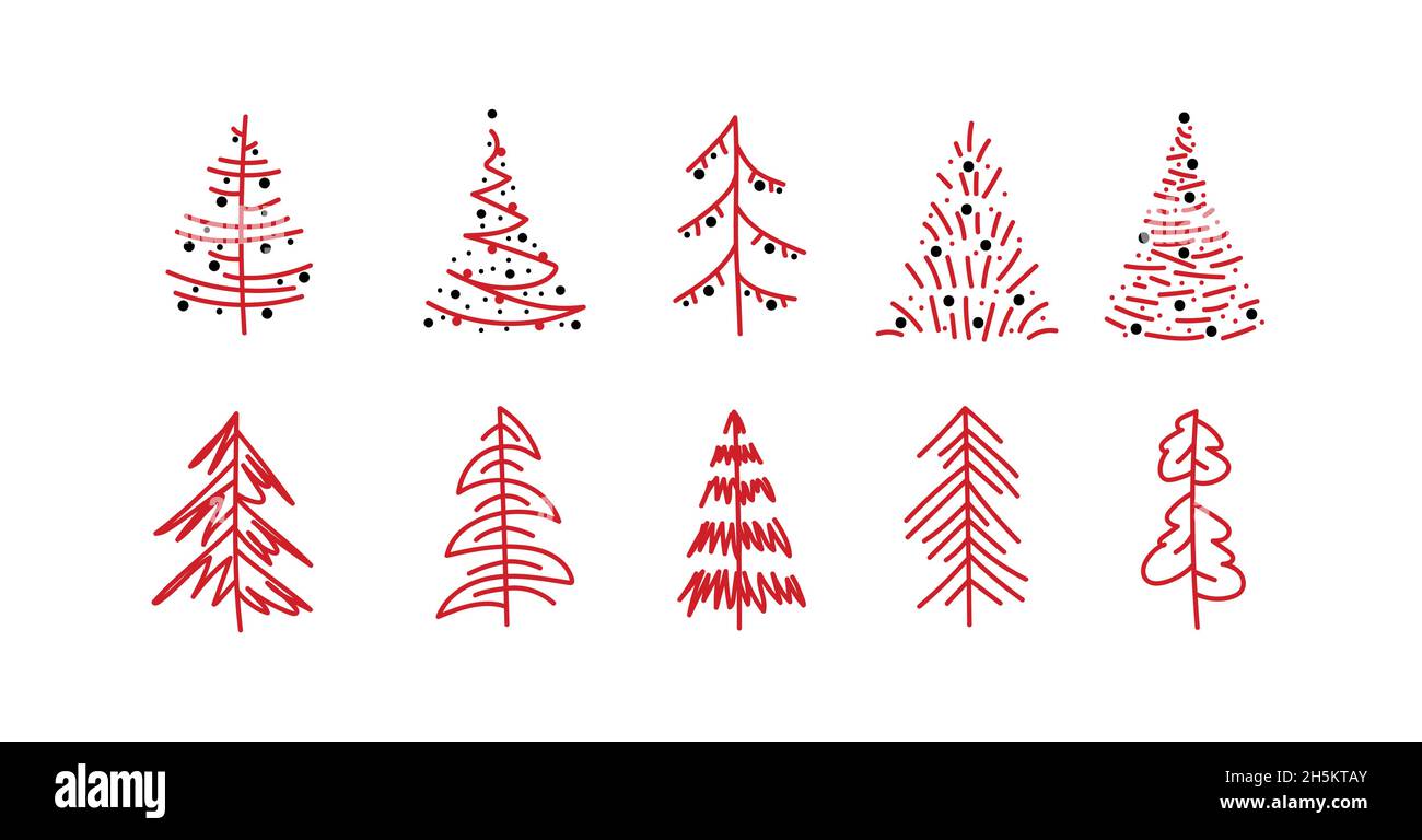 Christmas tree vector elements set, hand-drawn fir trees for new year design Stock Vector