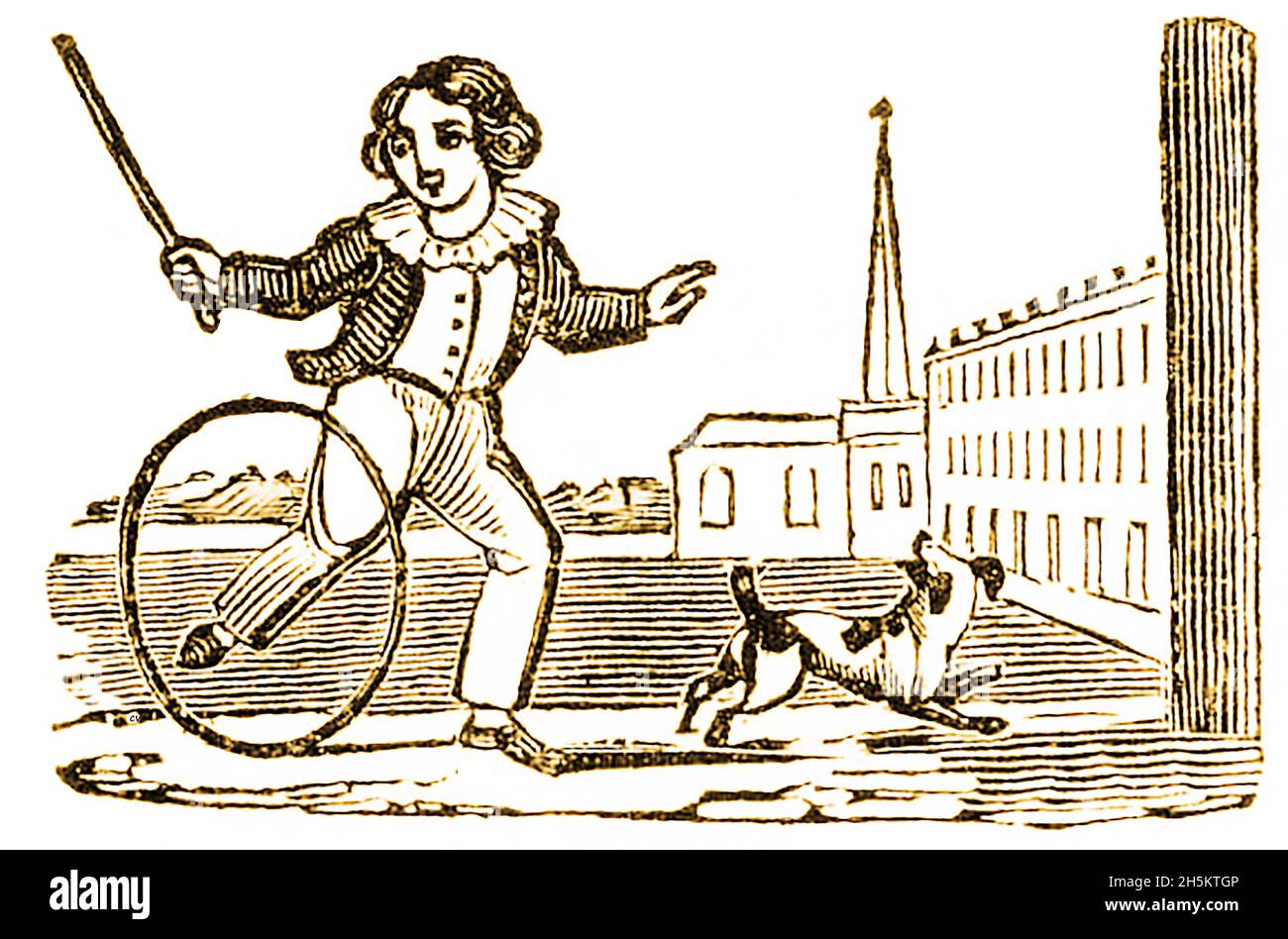 An 18th Century British woodcut showing a boy playing Trundel-Hoop (known as The Girr in Scotland) Stock Photo