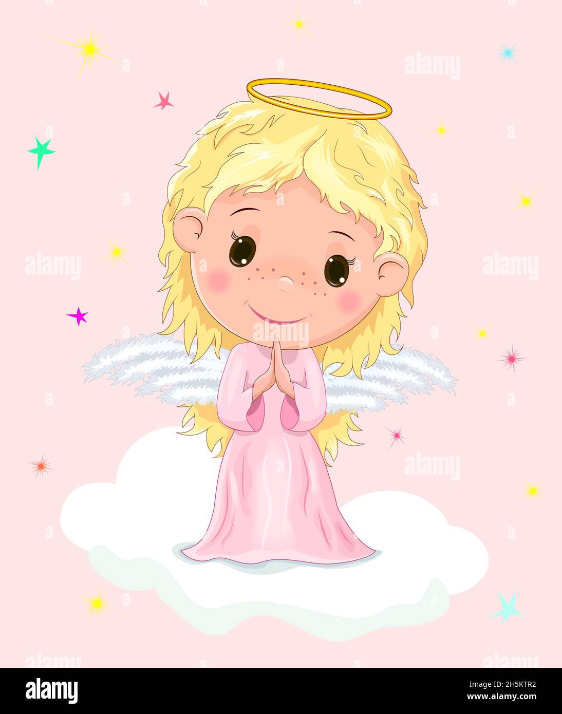 Little angel on a cloud against the background of stars. The baby angel holds his hands for prayer. Angel with curls, wings and a halo. Stock Vector