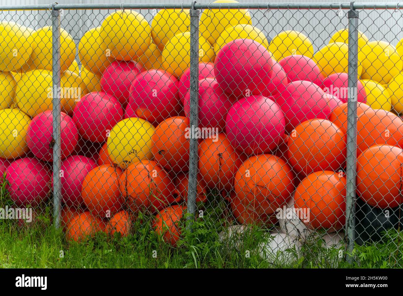 Colourful buoys, Shippagan, New Brunswick NB, Canada Stock Photo