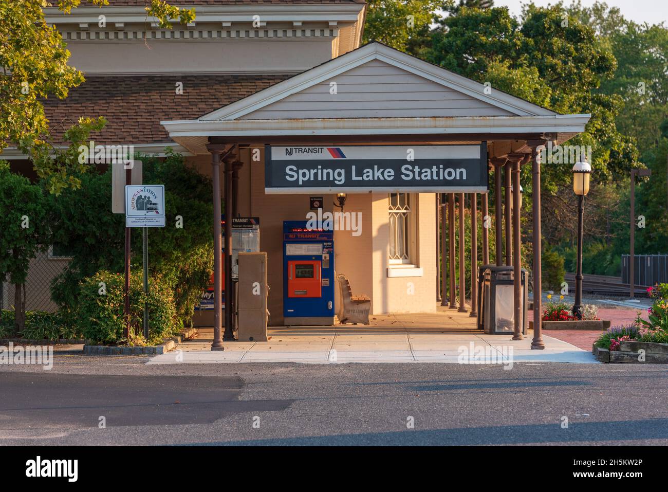 Spring Lake, NJ, USA -- August 29, 2015. Photo of the Spring Lake, NJ train station taken early on a summer morning. Stock Photo