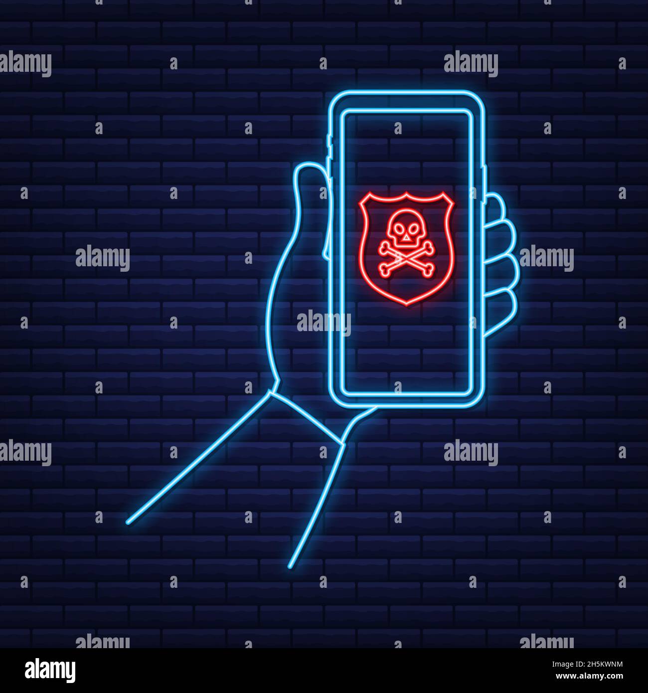 Attack. Smartphone with speech bubble and skull and crossbones on screen. Threats, mobile malware, spam messages neon. Vector stock illustration Stock Vector