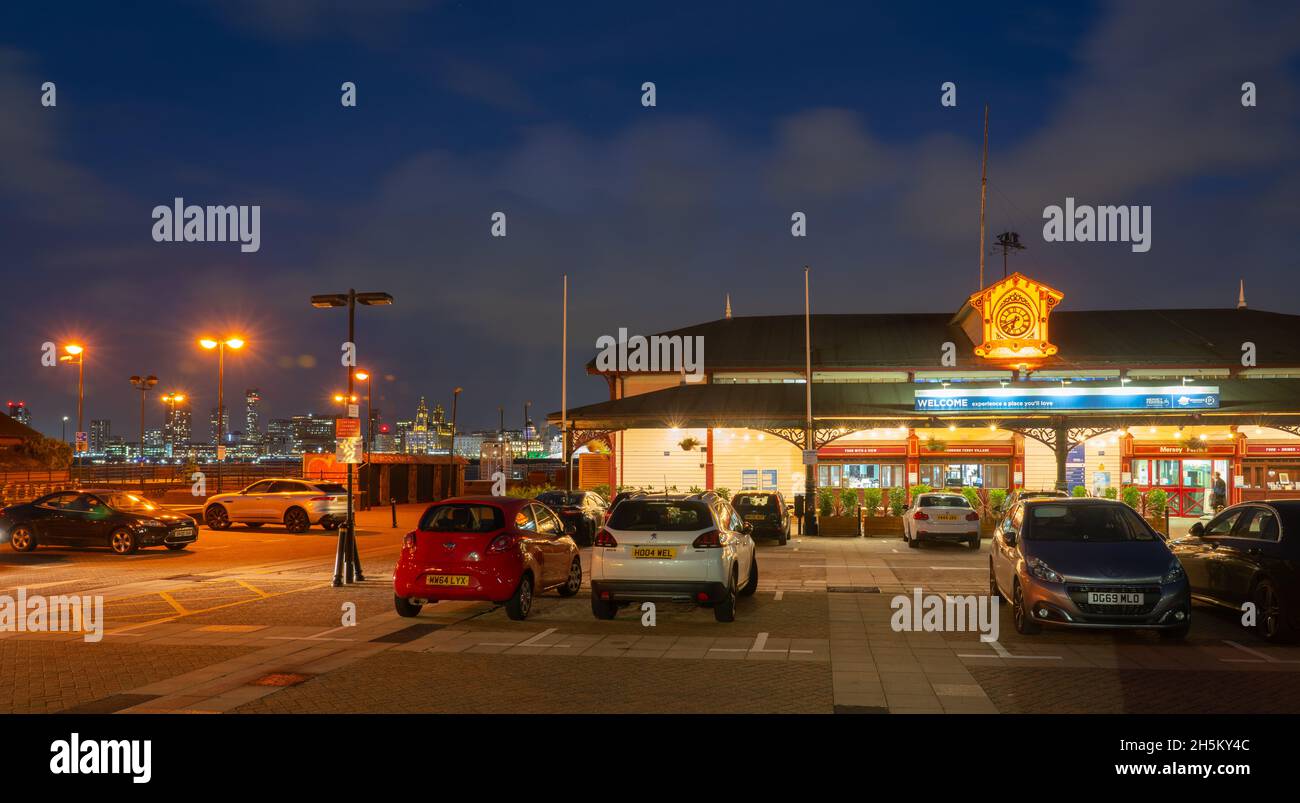 Woodside Ferry Village, Birkenhead, still the actual Ferry terminal as well as a modern food outlet, with the Liverpool skyline in the distance. Stock Photo