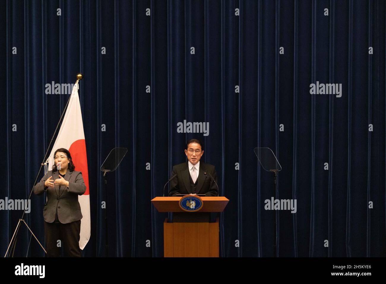 Tokyo, Japan. 10th Nov, 2021. Japanese Prime Minister, Kishida Fumio speaking during his Press conference at Kantei after the Liberal Democratic Party won the House of Representatives Election (October 31, 2021) as appointed Prime Minister. (Photo by Stanislav Kogiku/SOPA Images/Sipa USA) Credit: Sipa USA/Alamy Live News Stock Photo
