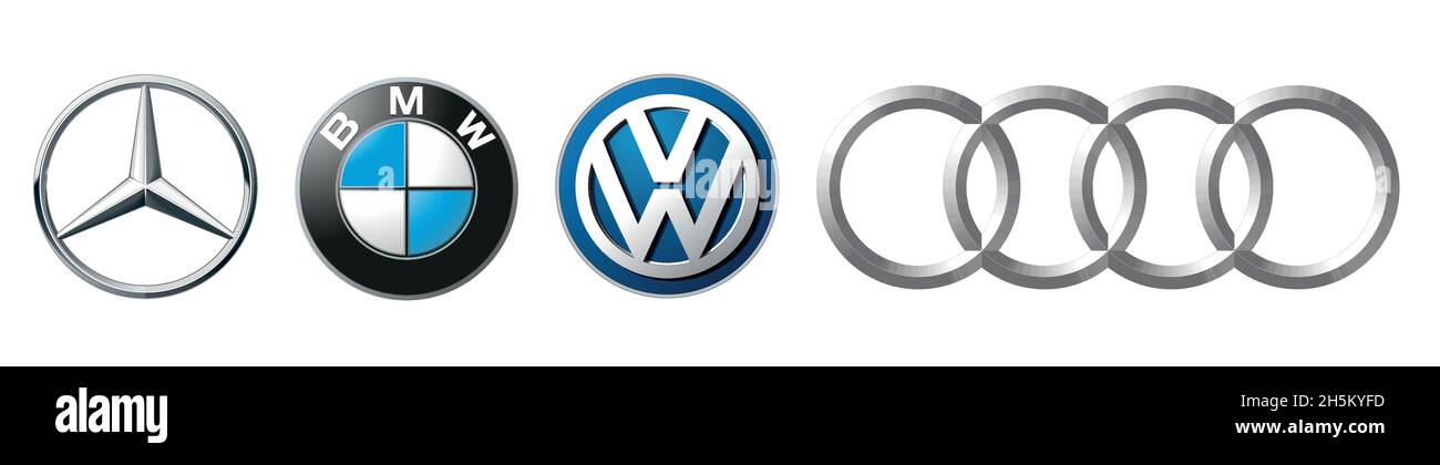 Vinnitsa, UKRAINE - DECEMBER 14, 2020: logos popular German brands of cars: Mercedes, audi, BMW and Volkswagen, vector Stock Vector