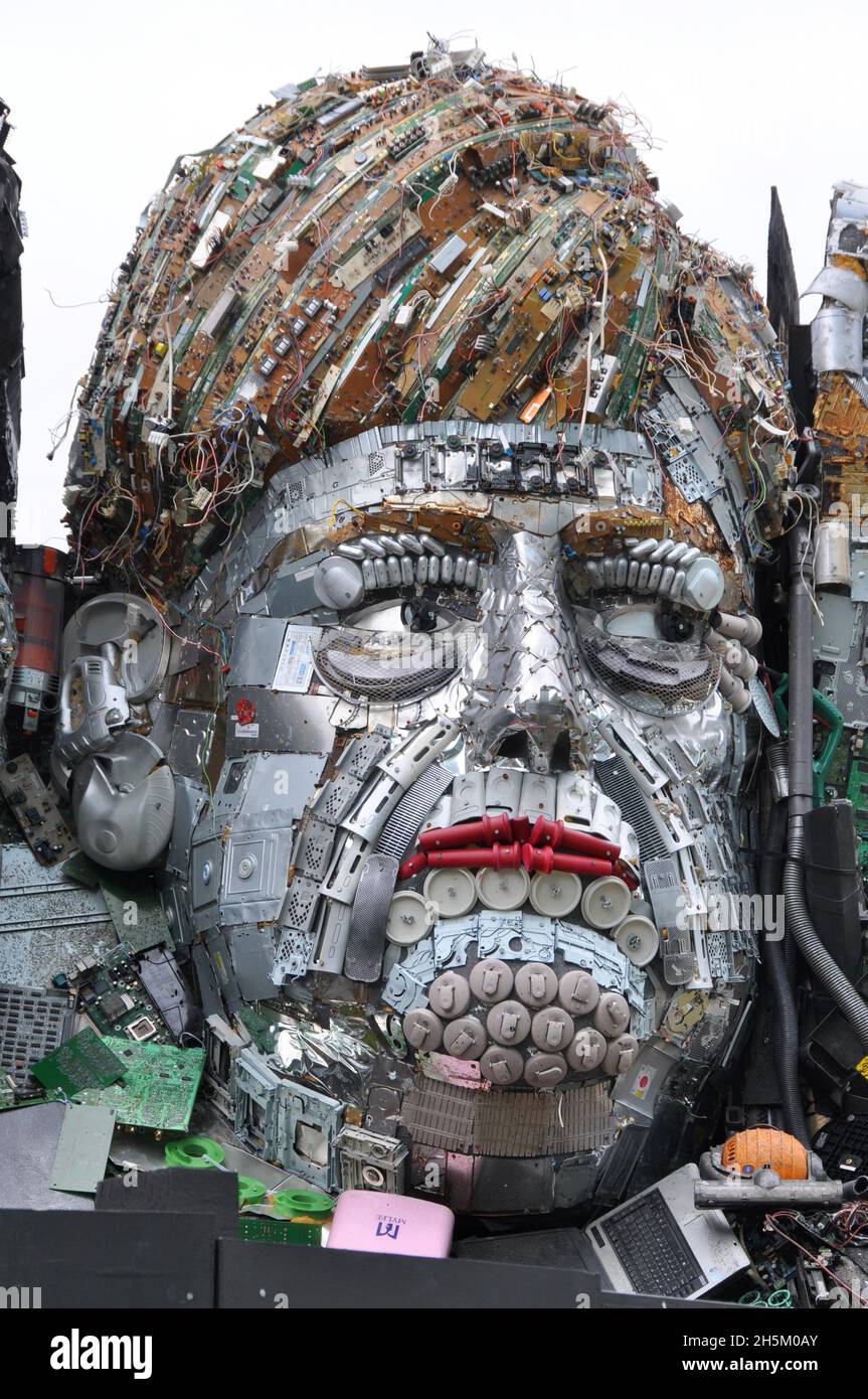 Angela Merkel, Mount Recyclemore, a recycled sculpture of G7 European Leaders to raise awareness of electronic waste, from Joe Rush for MusicMagpie. Stock Photo