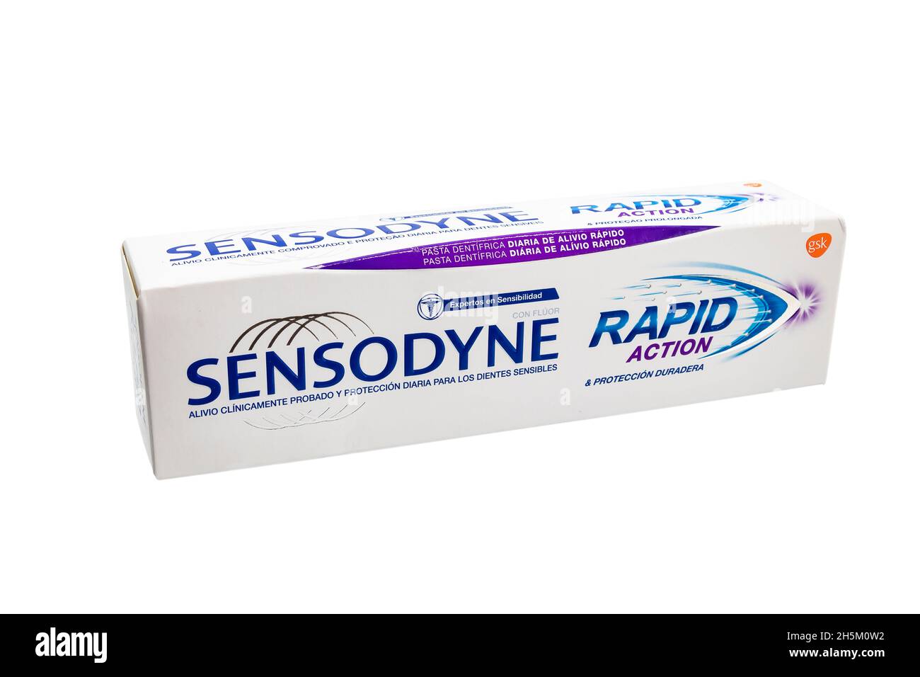Huelva, Spain-November 5, 2021: Spanish box of Sensodyne toothpaste. It is a brand name of toothpaste and mouthwash targeted at people with sensitive Stock Photo