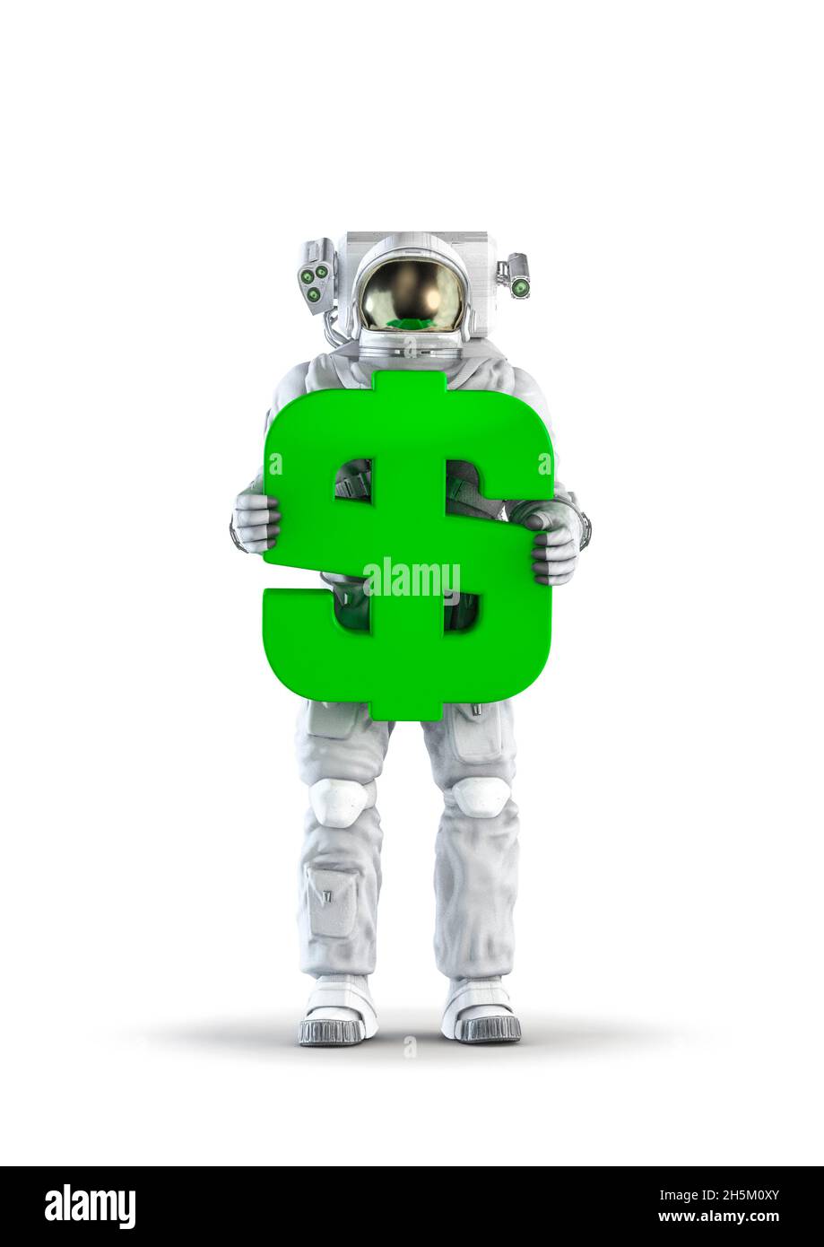 Dollar symbol astronaut - 3D illustration of space suit wearing male figure holding green USA currency symbol isolated on white studio background Stock Photo
