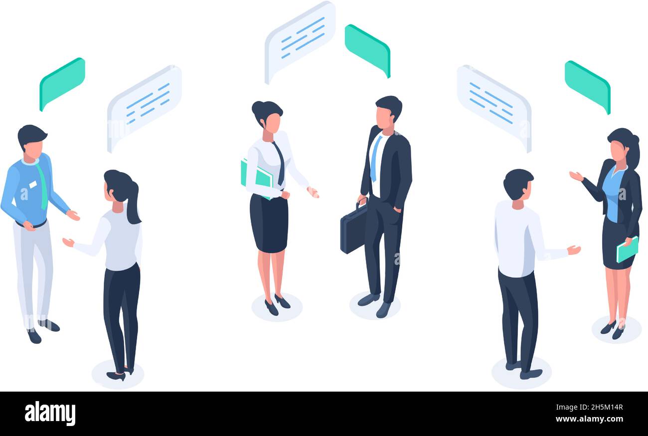 Isometric business people, speech bubble communication, brainstorming or discuss. Social network communication characters vector illustration Stock Vector