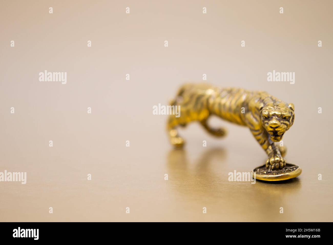 A bronze figure of a tiger with a coin - the symbol of the Chinese new year 2022 on a golden background, copy space. Wishes of good luck, financial we Stock Photo
