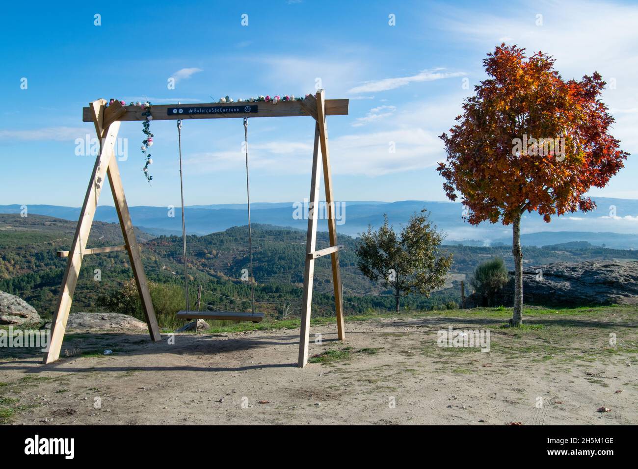 Beautiful swings in the North of Portugal,baloiço são Caetano in Chaves. Portugal and Portuguese giant swings outdoors. Stock Photo