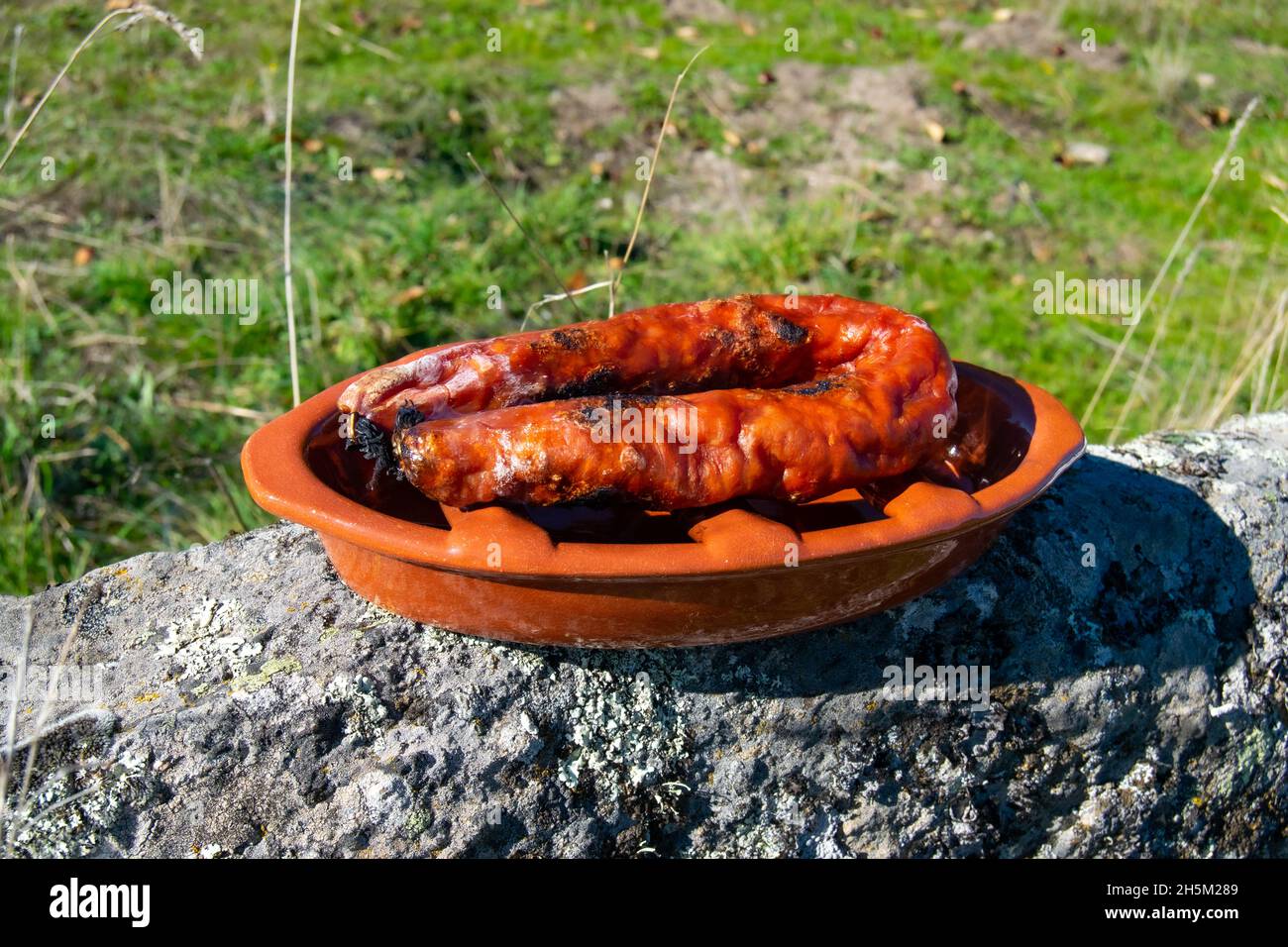 Grilled chorizo on outdoor landscape, camping and outdoor living lifestyle. Freedom and discovering natural ways of living. Petiscos de Portugal chouriça. Stock Photo
