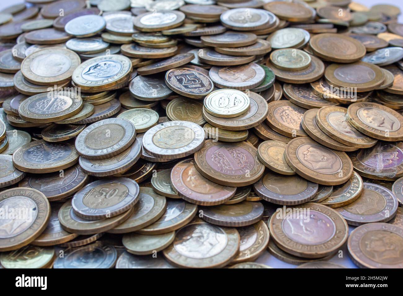 Turkish lira coins, close up photo of many Turkish lira coins. Turkey currency background photo. Stock Photo