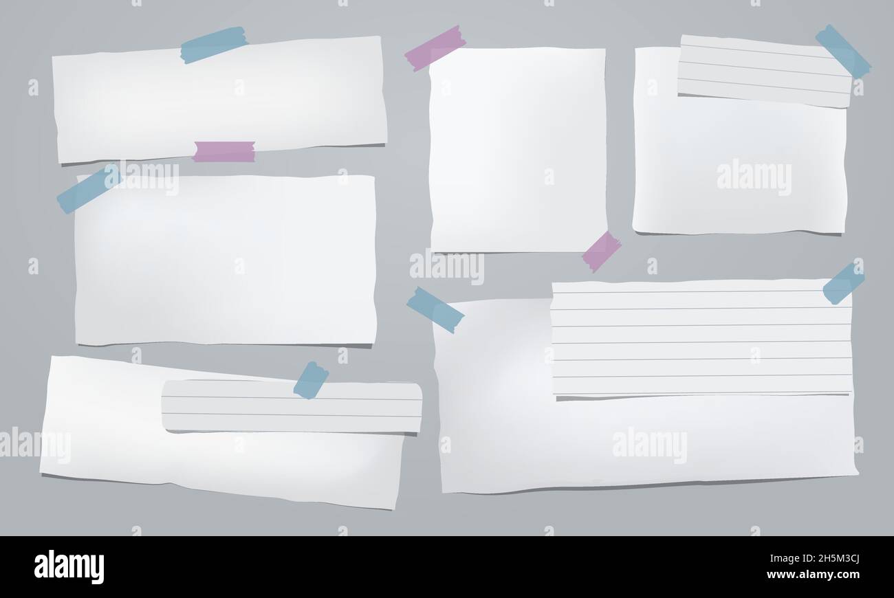 Set of crumple white note, notebook paper pieces with sticky tape stuck on dark grey background. Vector illustration Stock Vector