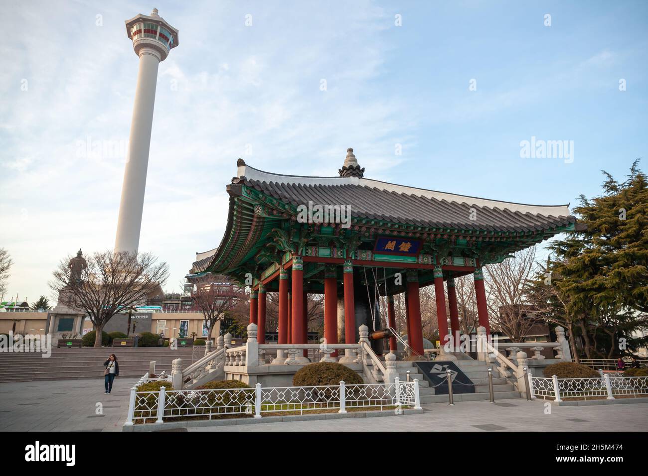 Busan, South Korea - March 14, 2018: Busan Tower and bell pavilion located at Yongdusan Park, popular tourist landmark Stock Photo
