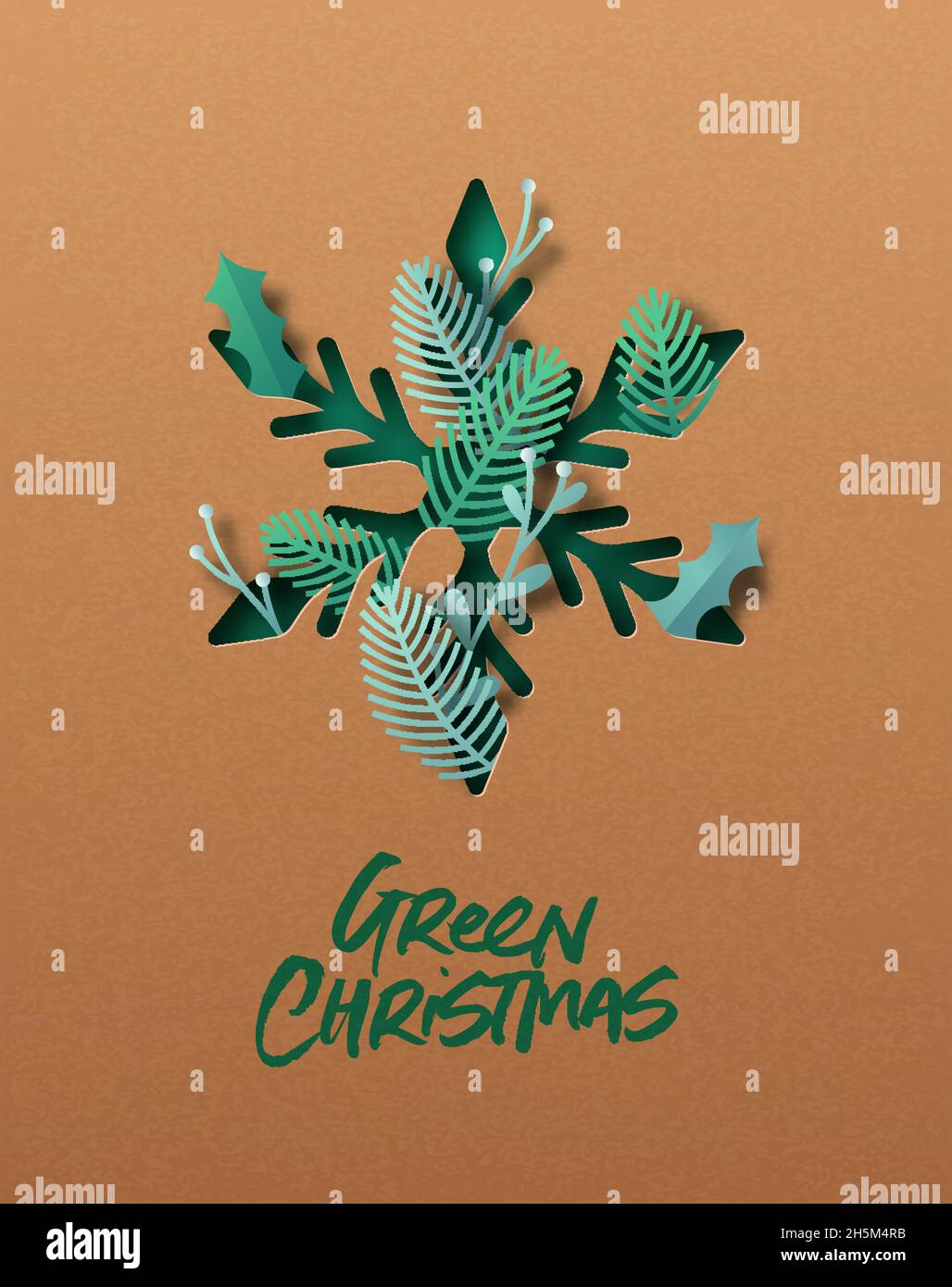 Green Christmas greeting card illustration of 3d papercut snowflake ...