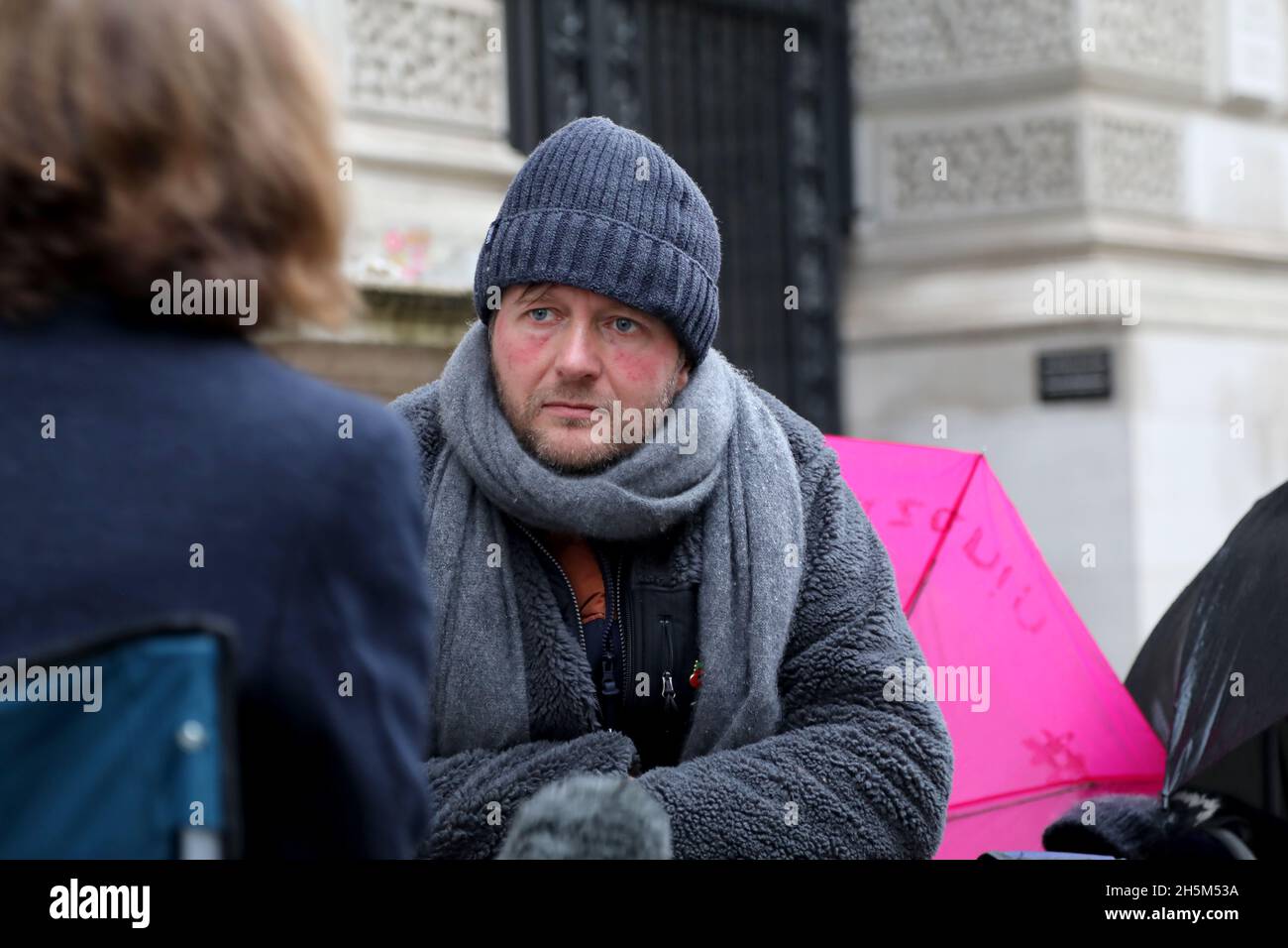 London, UK, 10 November 2021: Richard Ratcliffe gives a media interview on day 18 of a hunger strike at the UK Foreign Office Stock Photo