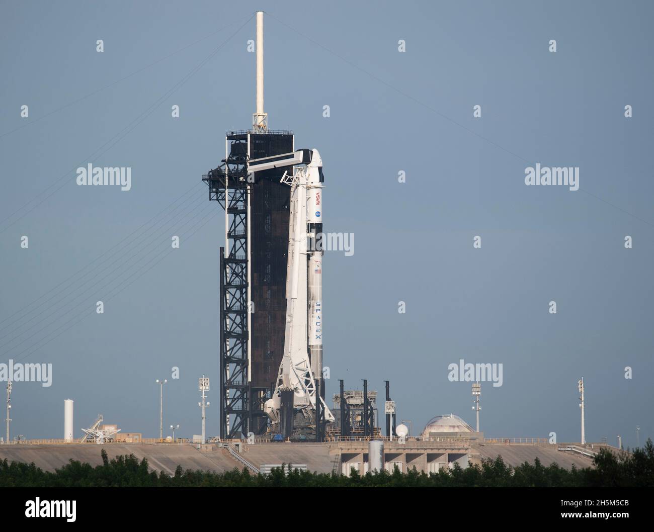 Cape Canaveral, United States of America. 10 November, 2021. A SpaceX Falcon 9 rocket with the Crew Dragon spacecraft for the NASA SpaceX Crew-3 mission to the International Space Station continues preparations on Launch Complex 39A at the Kennedy Space Center early morning November 10, 2021 in Cape Canaveral, Florida. The crew of NASA astronauts Raja Chari, Tom Marshburn, Kayla Barron, and European Space Agency astronaut Matthias Maurer are expected to launch later in the day after several delays. Credit: Joel Kowsky/NASA/Alamy Live News Stock Photo